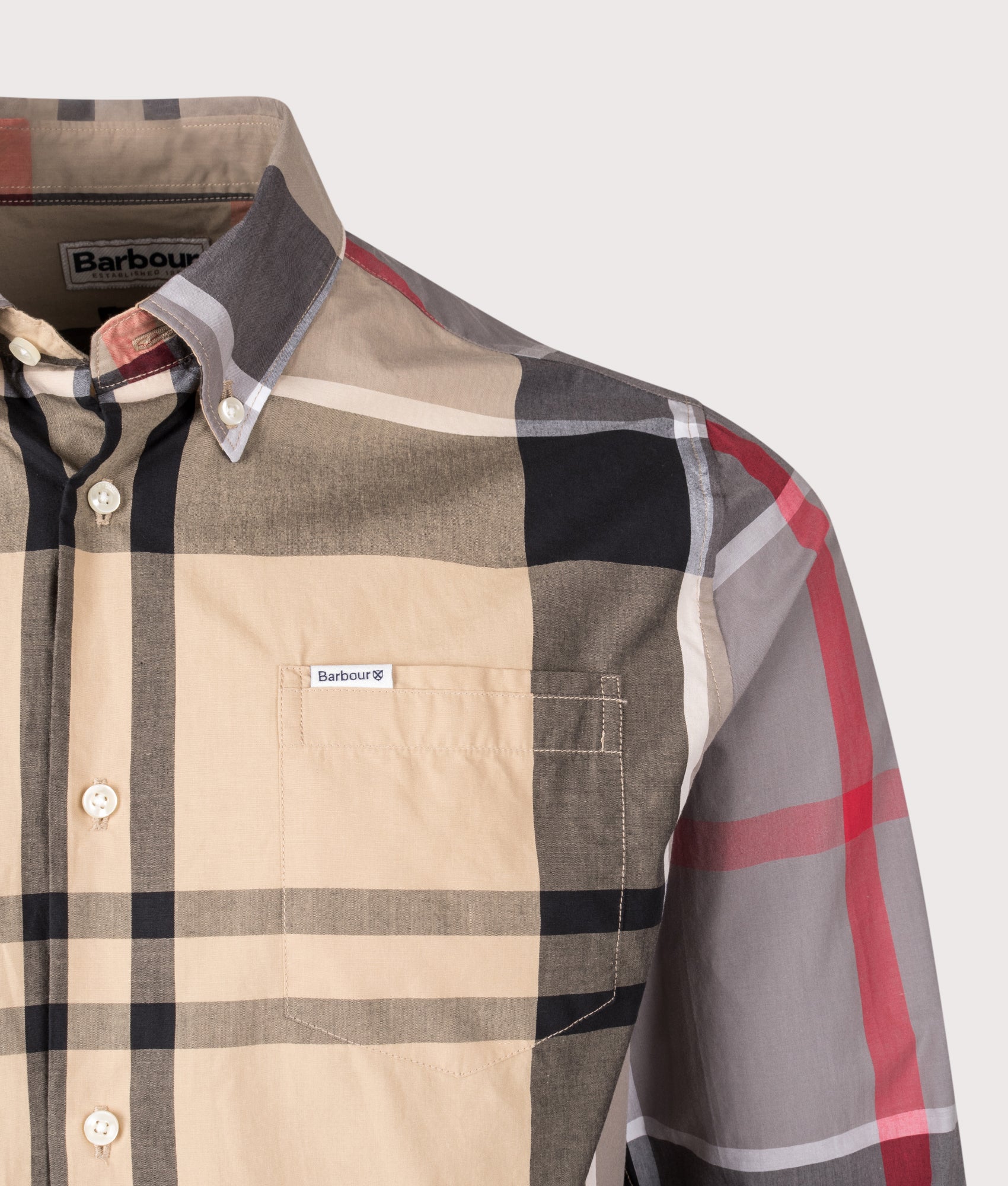 Barbour Tailored Fit Harris Shirt in Dress Tartan at EQVVS Menswear. Detail shot.