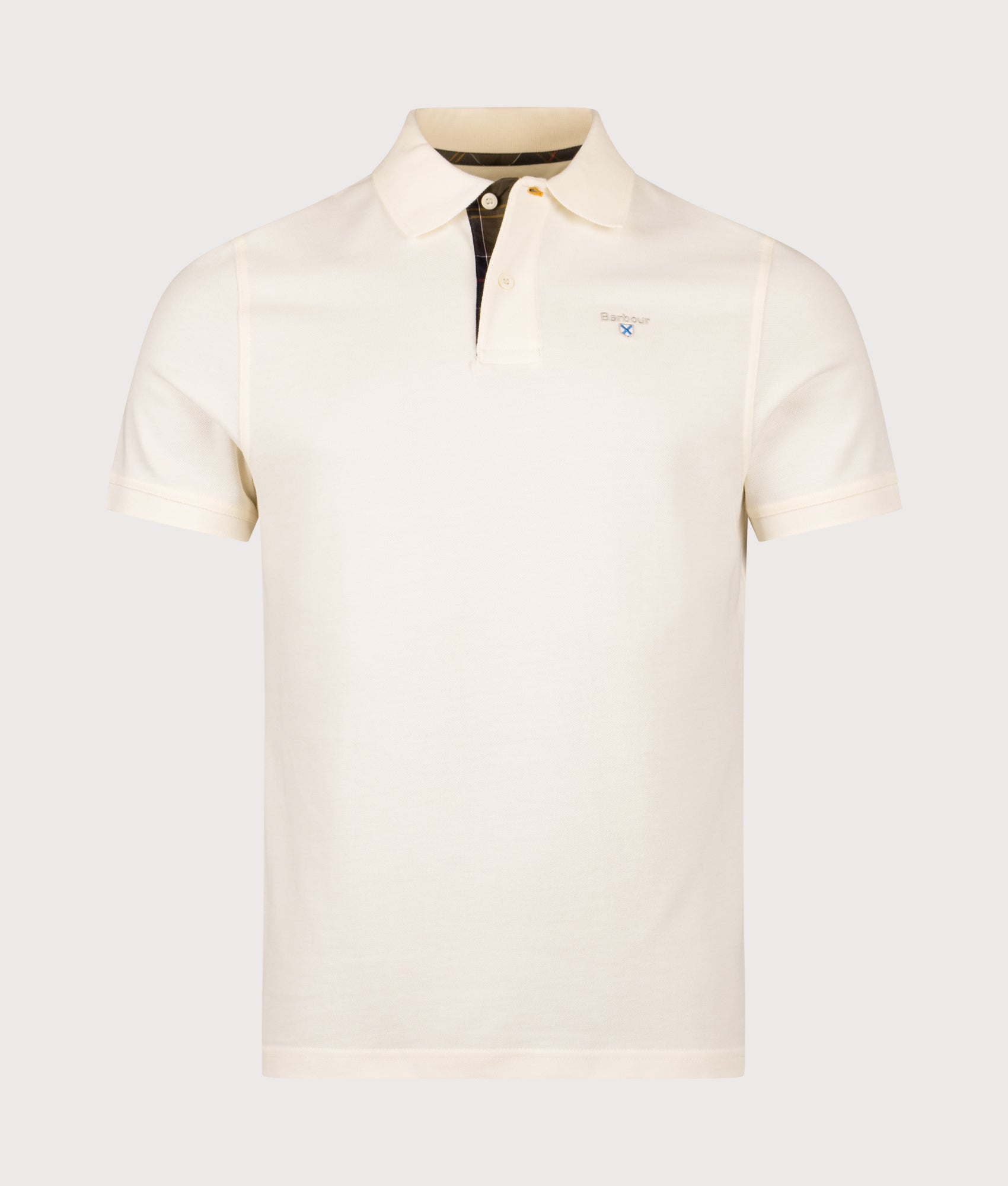 Barbour Tartan Pique Polo Shirt in Whisper White and Classic at EQVVS Menswear. Front shot.