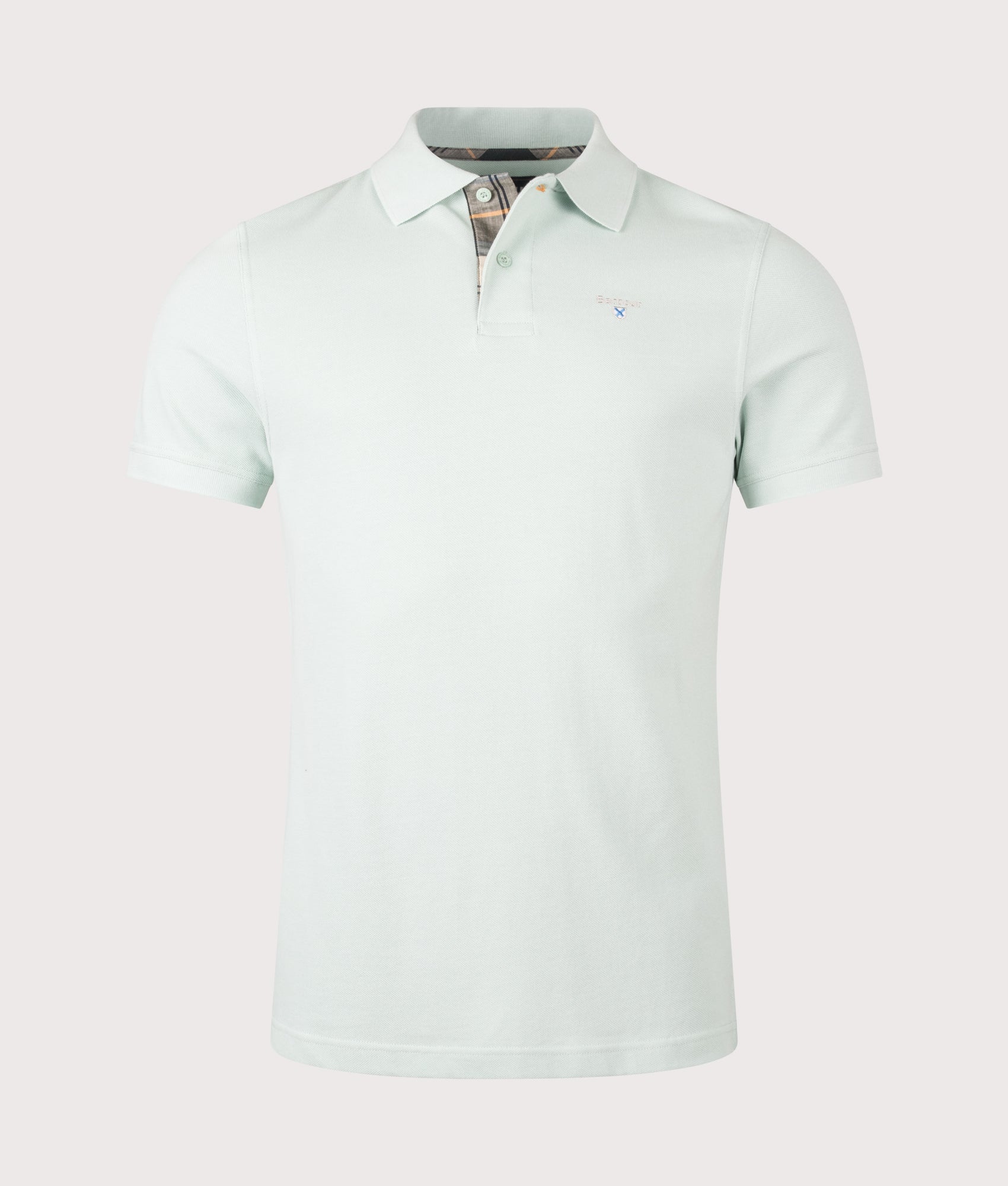 Barbour Tartan Piqué Polo Shirt in Mint Blue at EQVVS Menswear. Front shot.