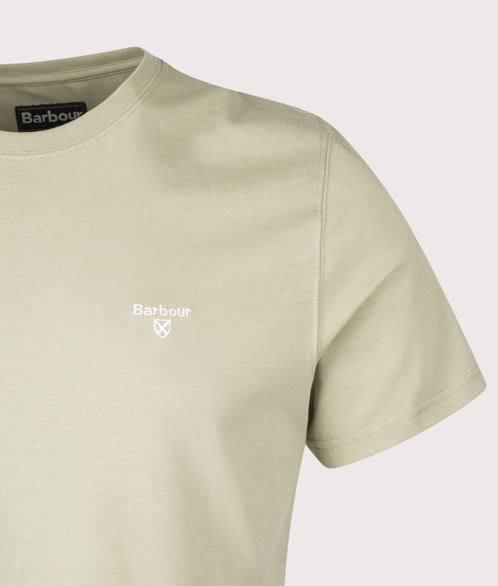 Barbour Essential Sports T-Shirt in Sea Green colourway at EQVVS Menswear. Detail shot.