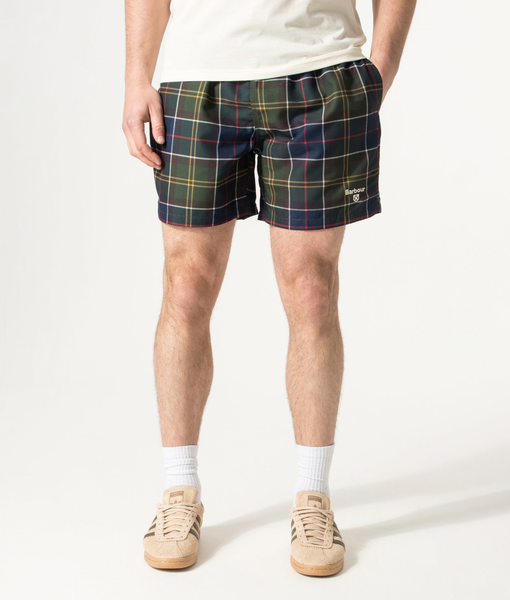 Barbour Lifestyle Staple Tartan Swim Shorts in Classic Tartan at EQVVS Menswear. Model front shot.