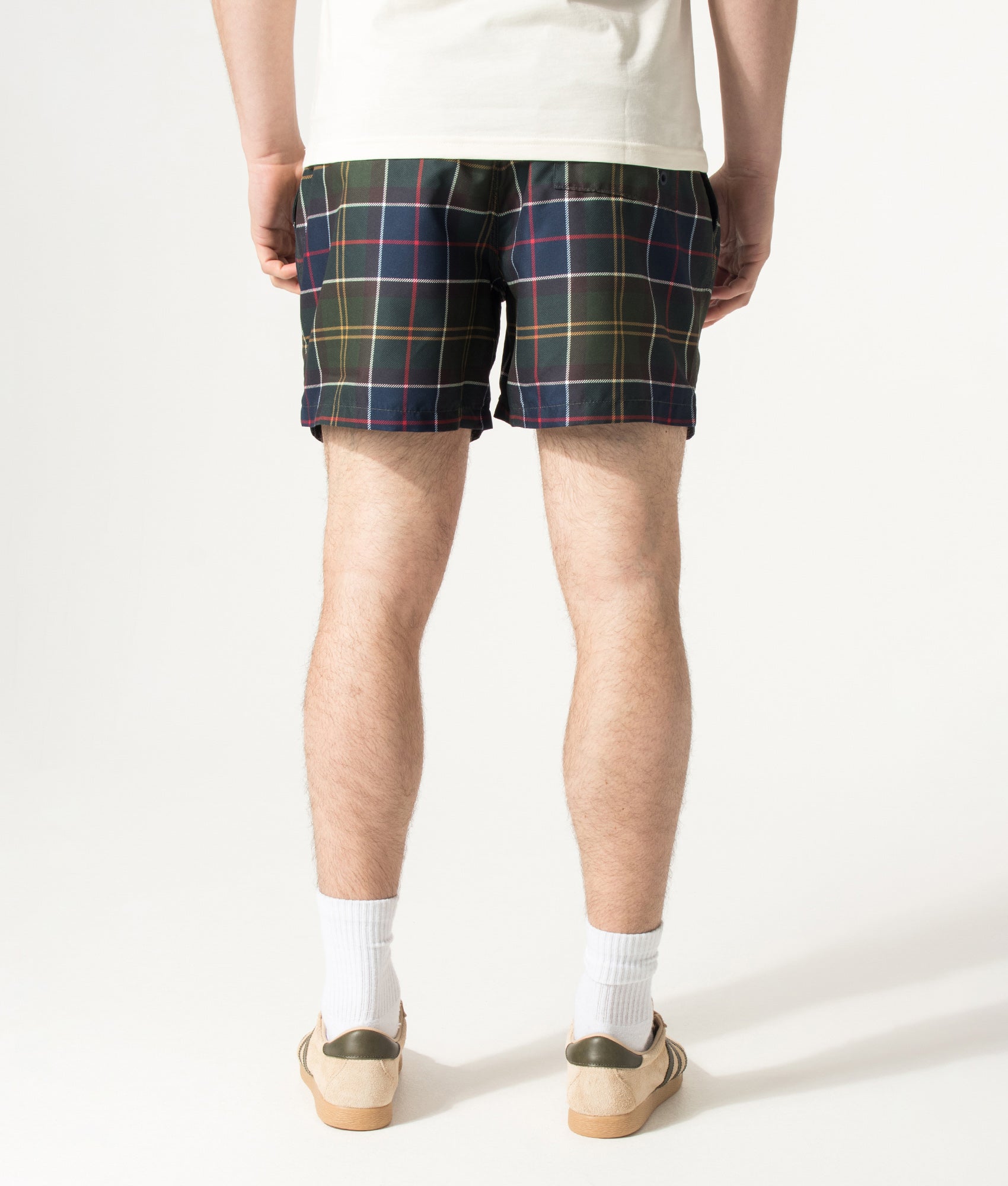 Barbour Lifestyle Staple Tartan Swim Shorts in Classic Tartan at EQVVS Menswear. Model back shot.