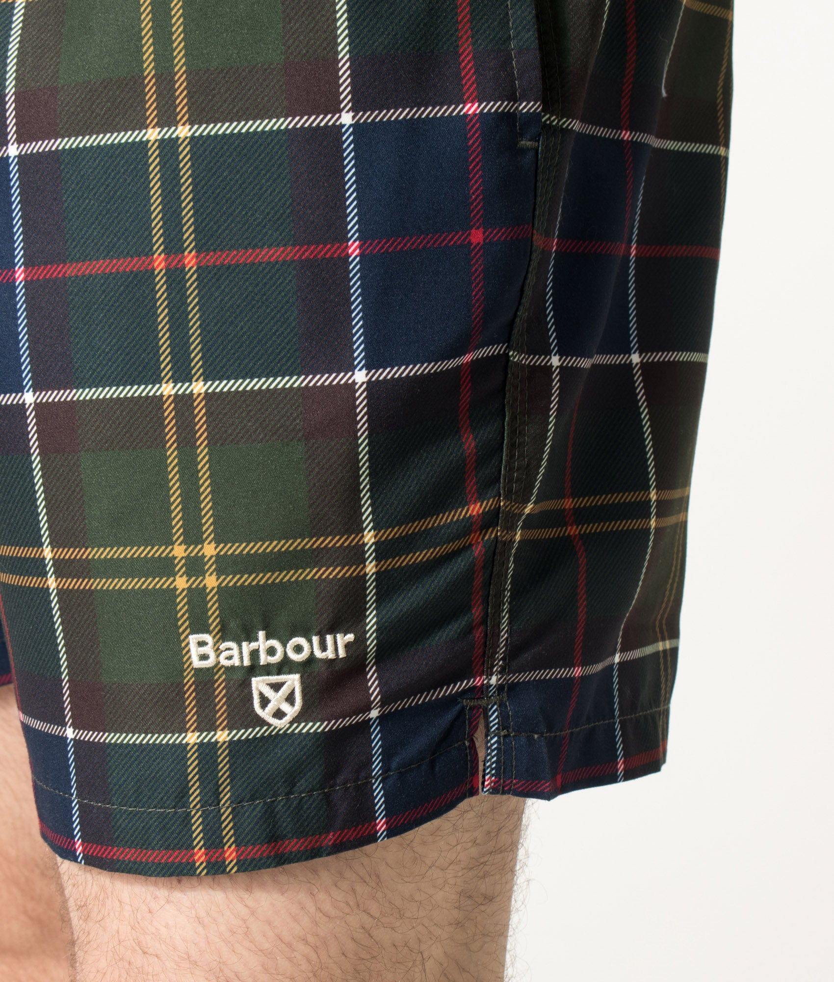 Barbour Lifestyle Staple Tartan Swim Shorts in Classic Tartan at EQVVS Menswear. Detail shot.