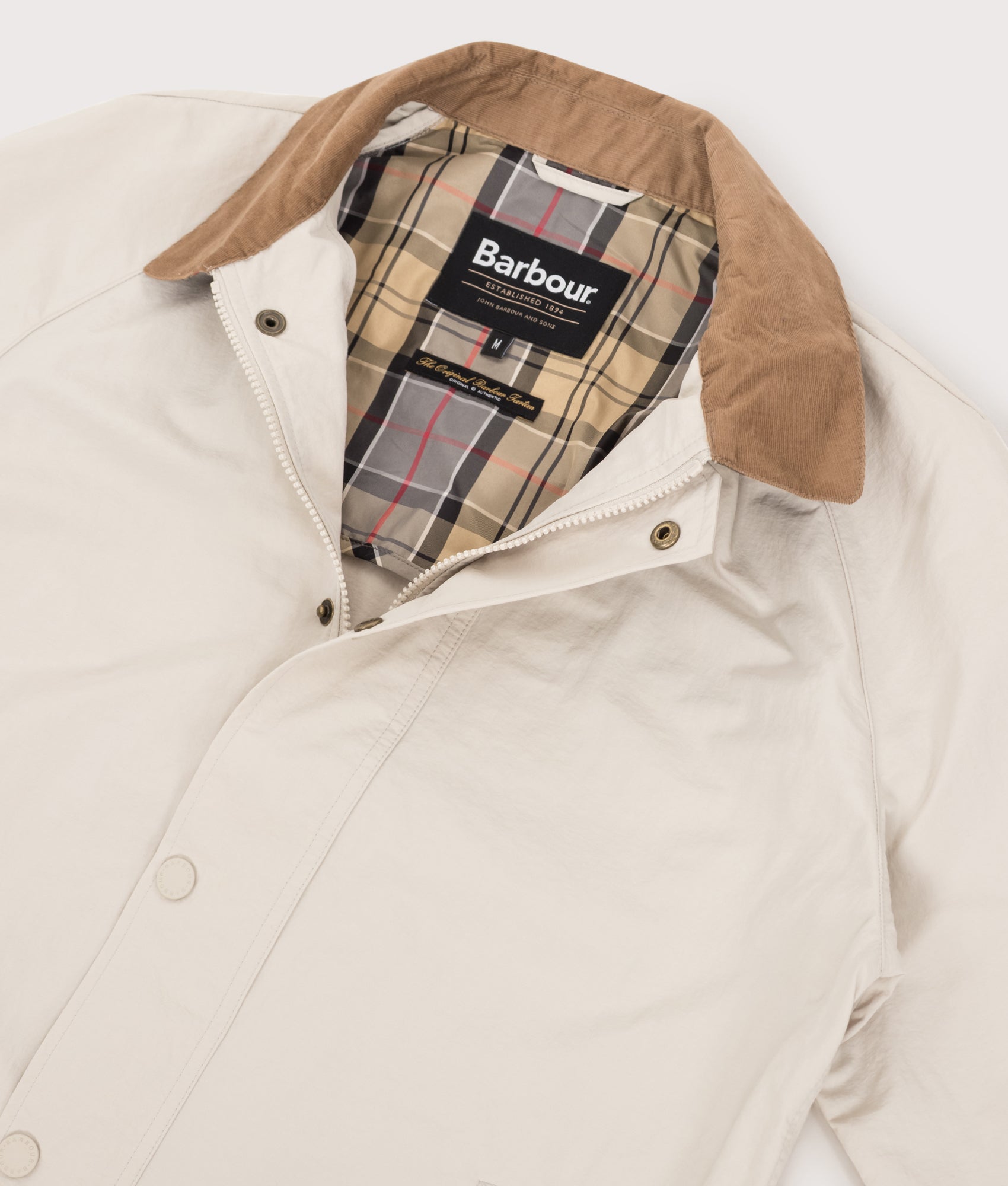 Barbour Lifestyle Tracker Showerproof Jacket in Mist at EQVVS Menswear. Open collar shot.