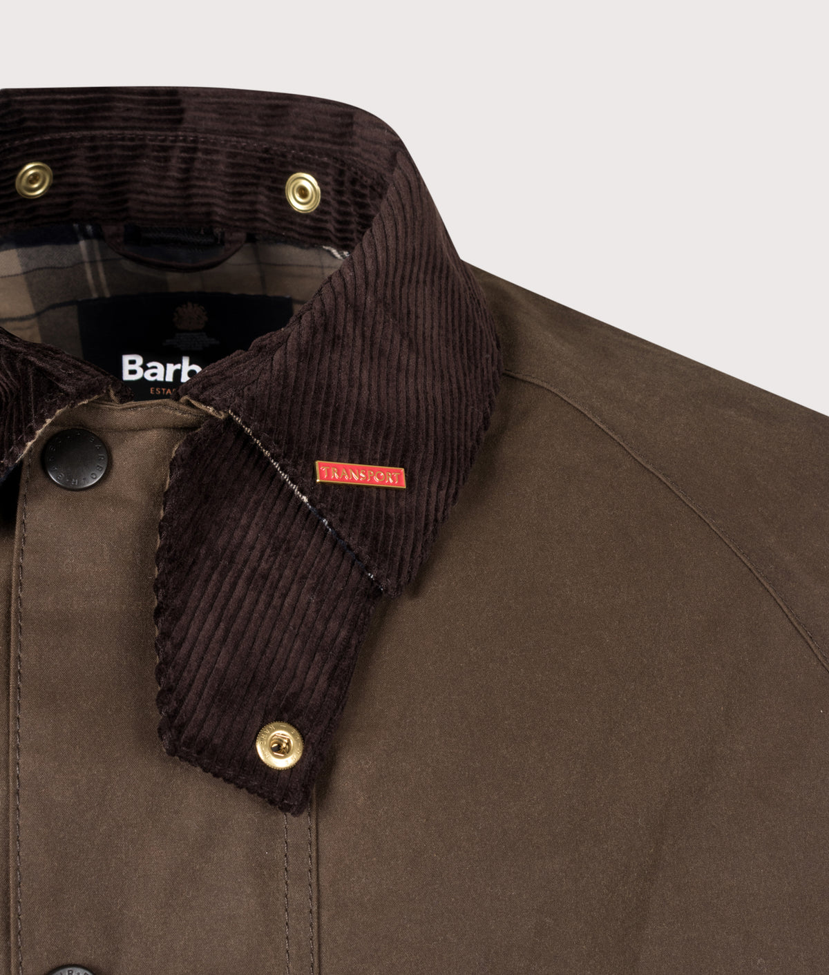 Barbour Lifestyle Icons Transport Wax Jacket in Brown at EQVVS Menswear. Collar detail shot.