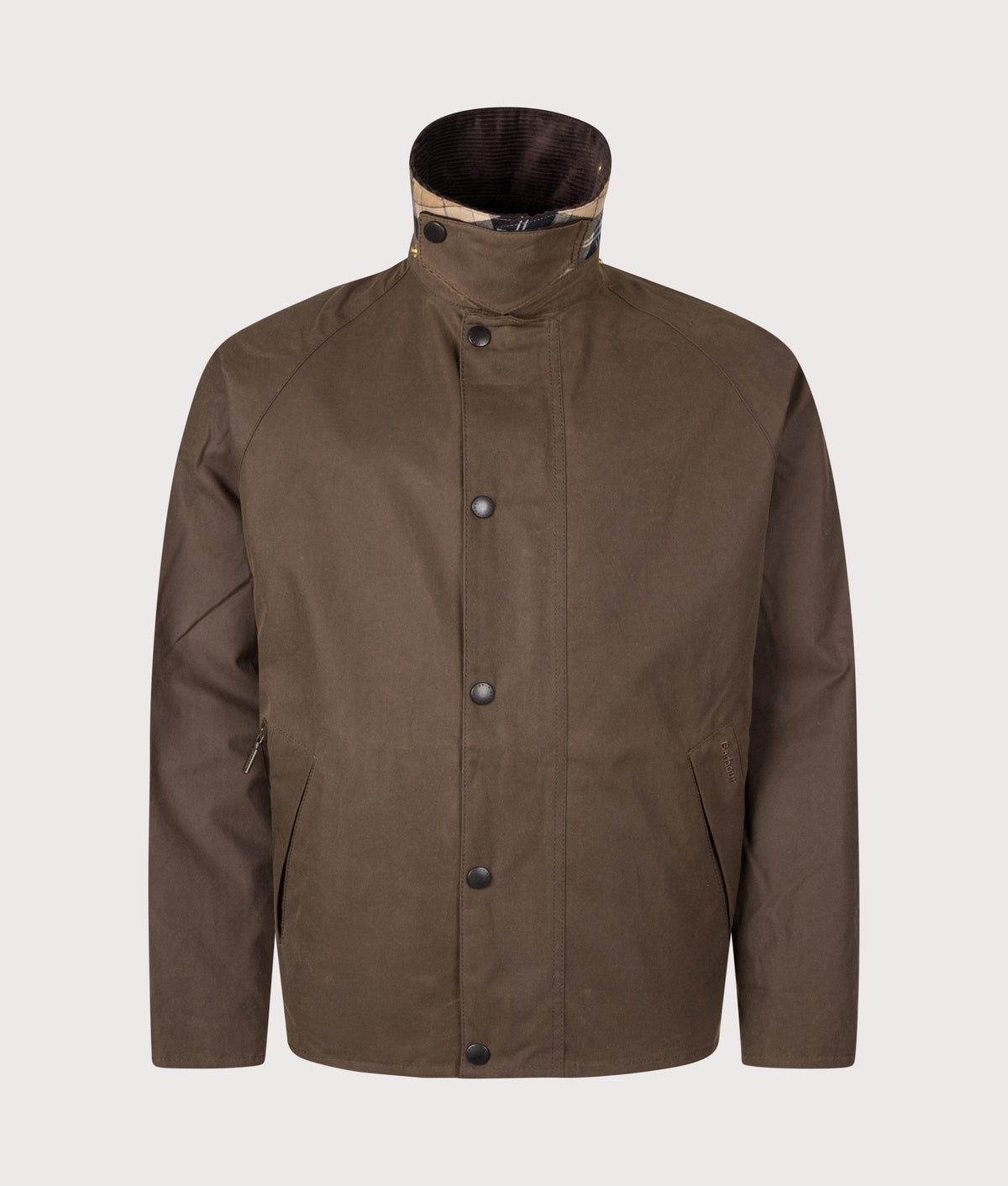 Barbour Lifestyle Icons Transport Wax Jacket in Brown at EQVVS Menswear. Collar up shot.
