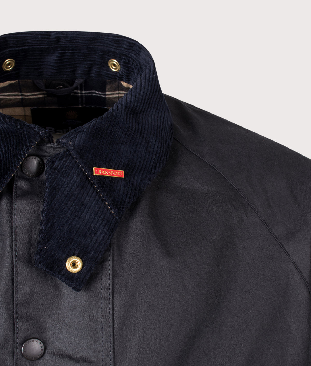 Barbour Lifestyle Icons Transport Wax Jacket in Navy at EQVVS Menswear. Detail shot.