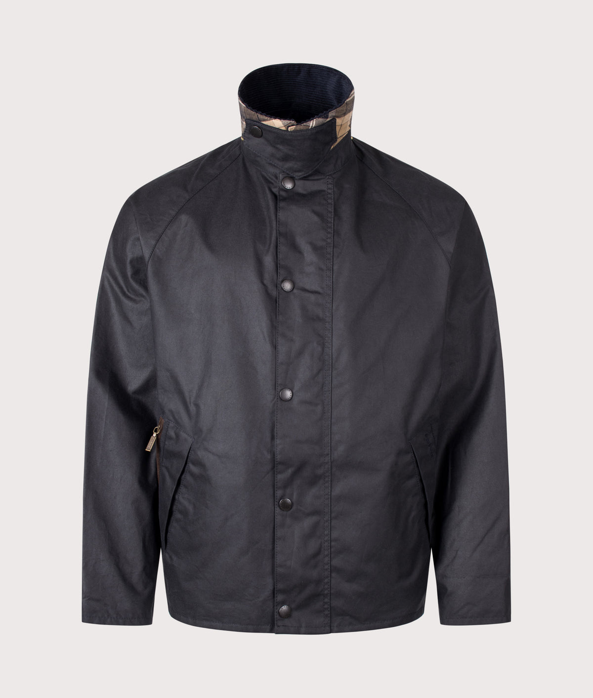 Barbour Lifestyle Icons Transport Wax Jacket in Navy at EQVVS Menswear. Collar up shot.