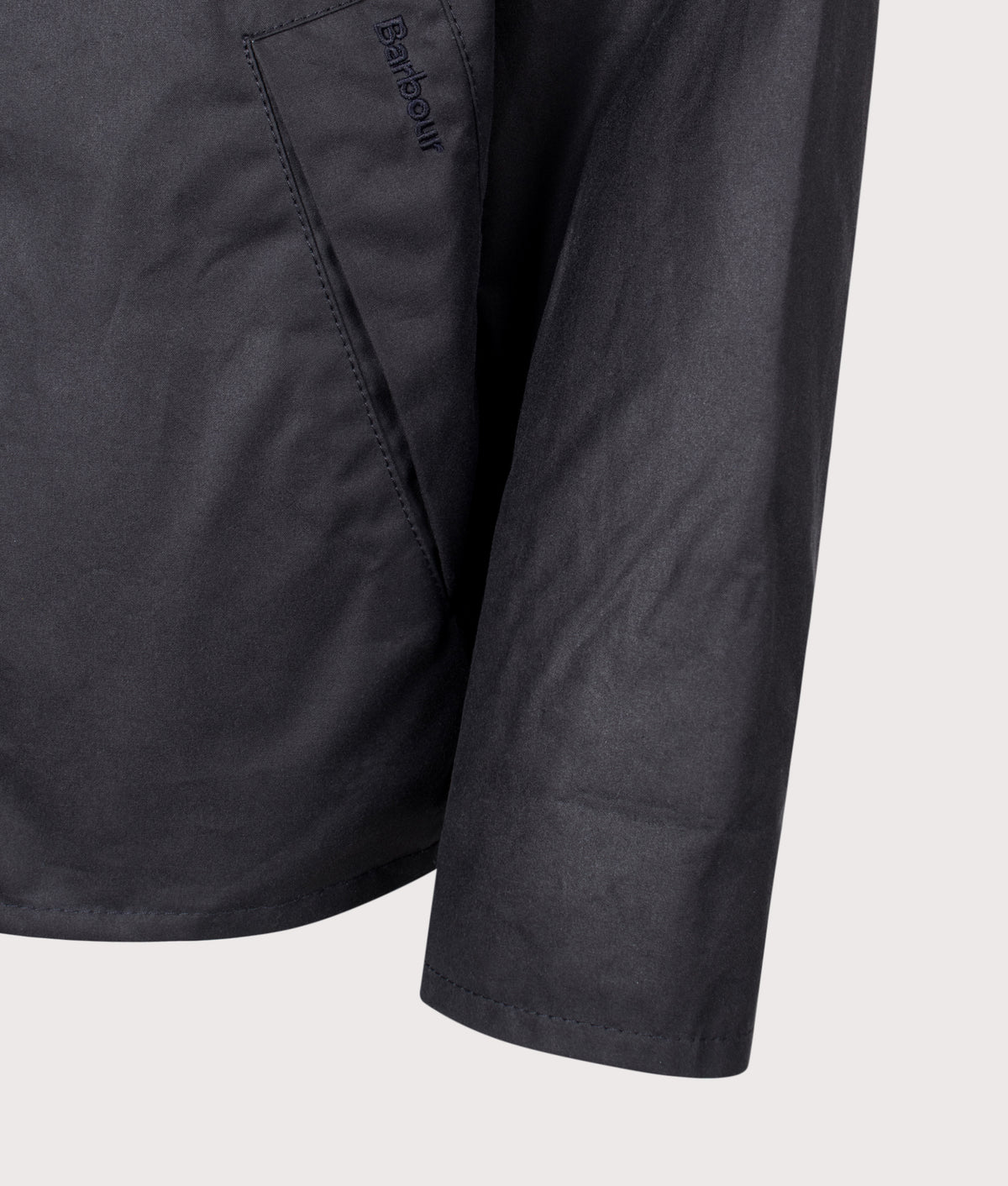 Barbour Lifestyle Icons Transport Wax Jacket in Navy at EQVVS Menswear. Detail shot.