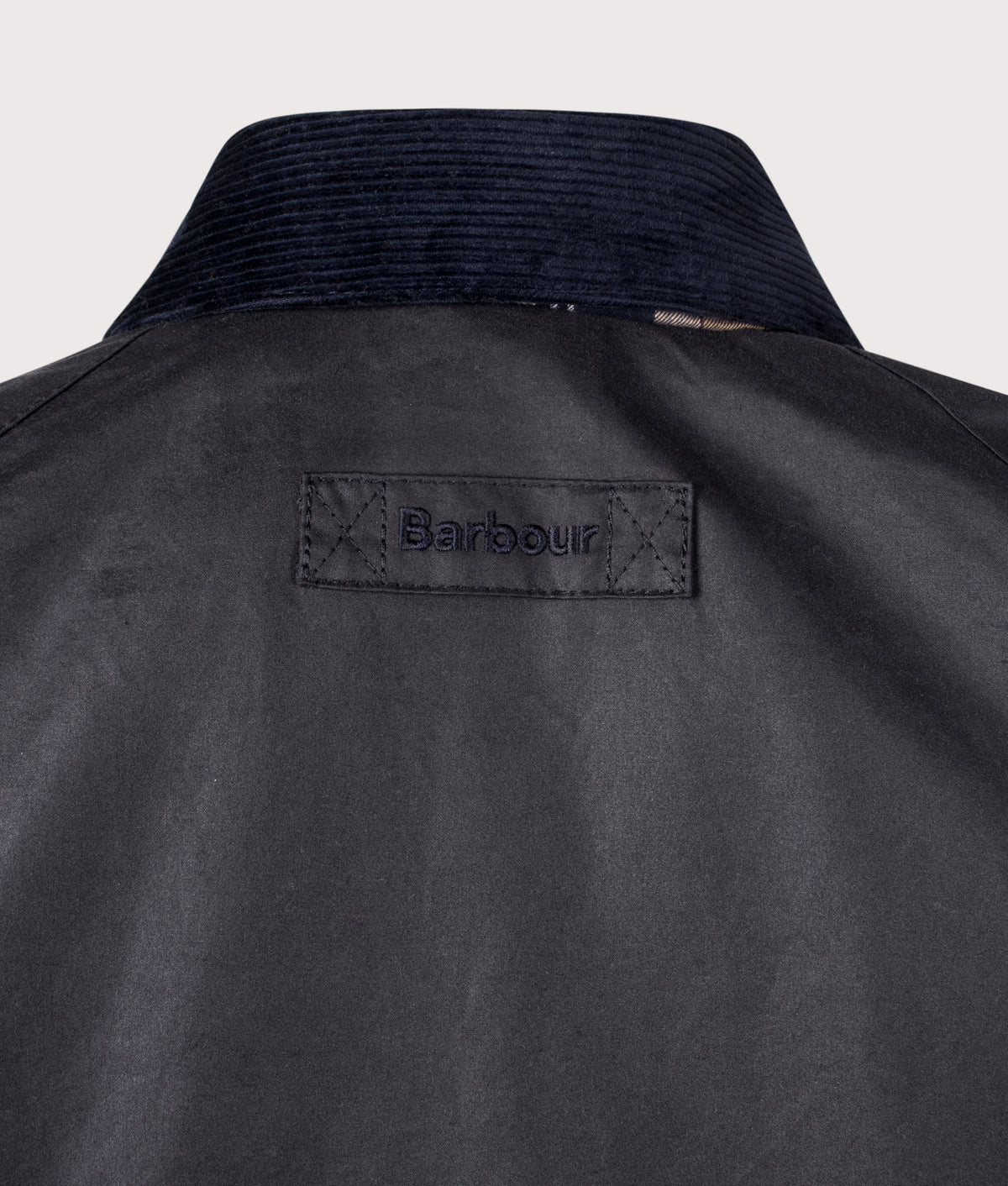 Barbour Lifestyle Icons Transport Wax Jacket in Navy at EQVVS Menswear. Back detail shot.