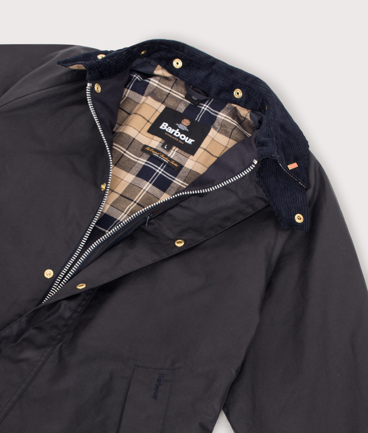 Barbour Lifestyle Icons Transport Wax Jacket in Navy at EQVVS Menswear. Flat shot.