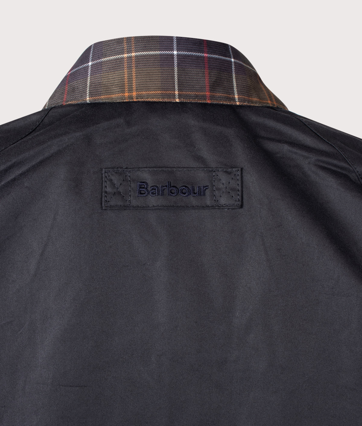 Barbour Lifestyle Icons Spey Waxed Jacket  in Navy at EQVVS Menswear. Detail shot.