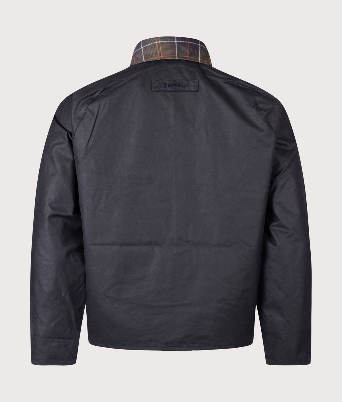 Barbour Lifestyle Icons Spey Waxed Jacket  in Navy at EQVVS Menswear. Back shot.