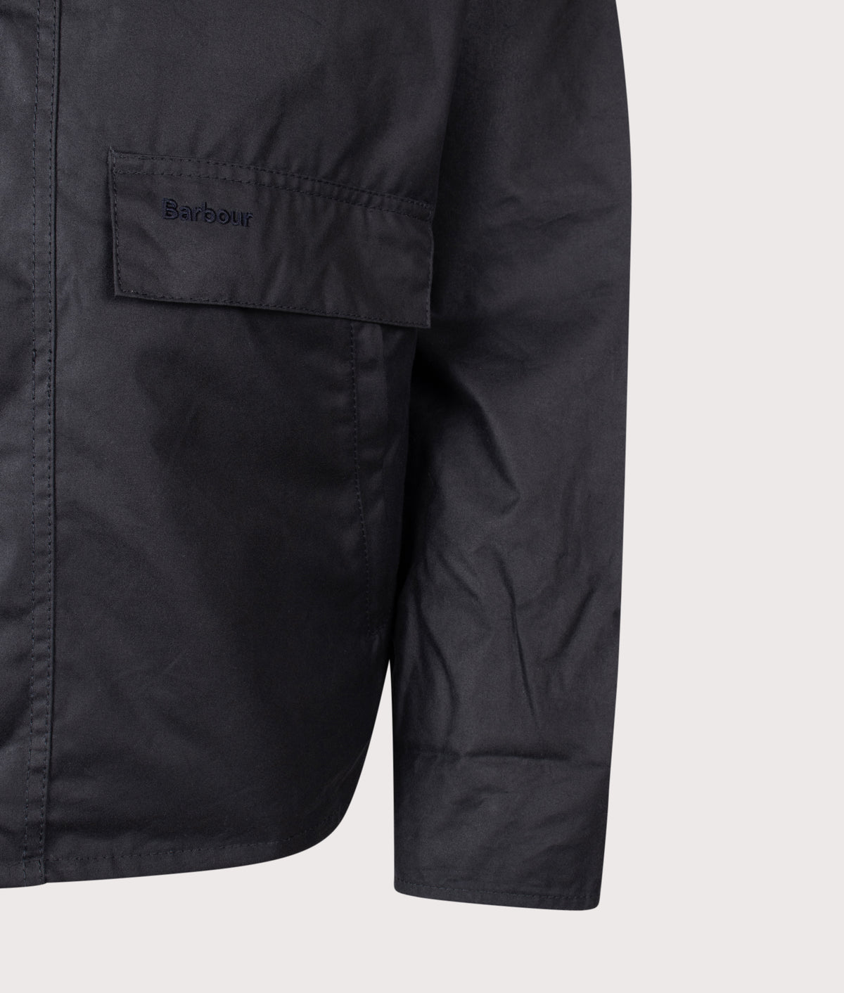 Barbour Lifestyle Icons Spey Waxed Jacket  in Navy at EQVVS Menswear. Detail shot.