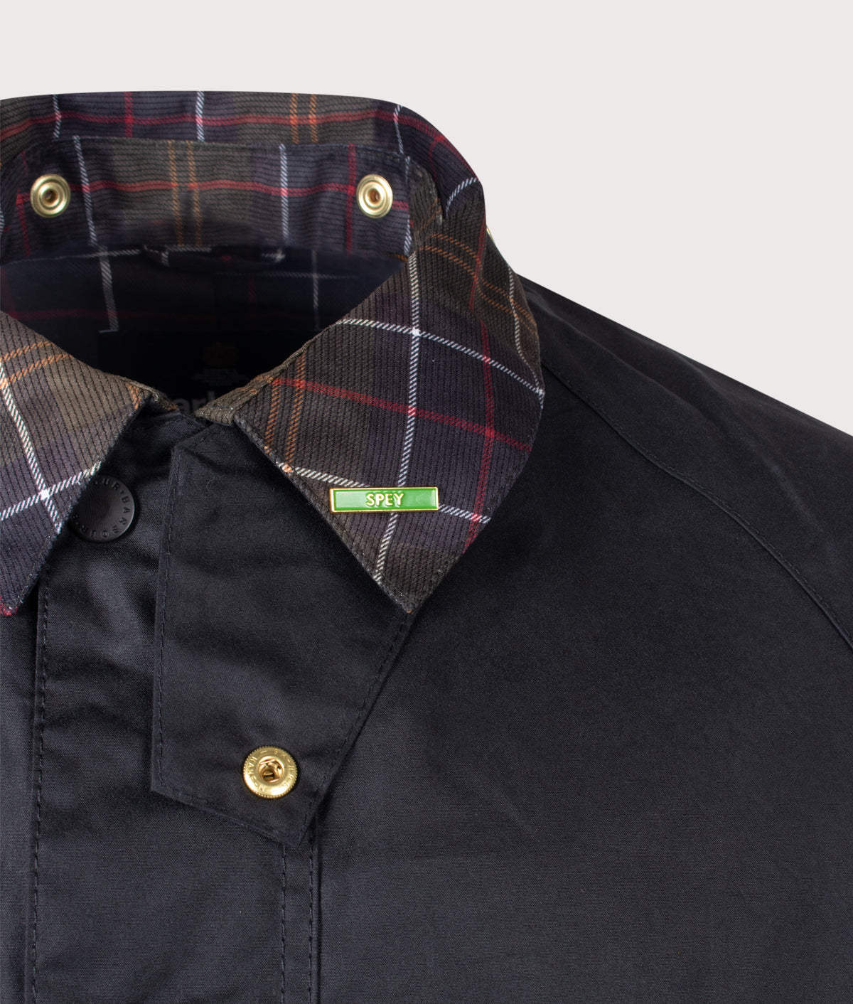 Barbour Lifestyle Icons Spey Waxed Jacket  in Navy at EQVVS Menswear. Detail shot.