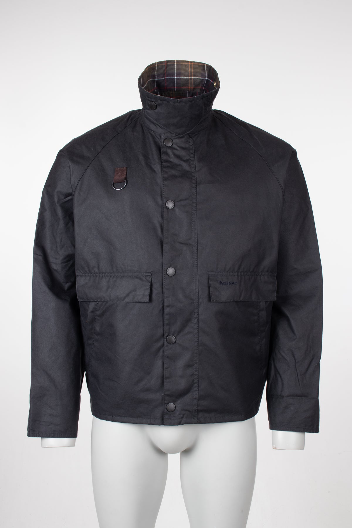 Barbour Lifestyle Icons Spey Waxed Jacket  in Navy at EQVVS Menswear. Collar up shot.