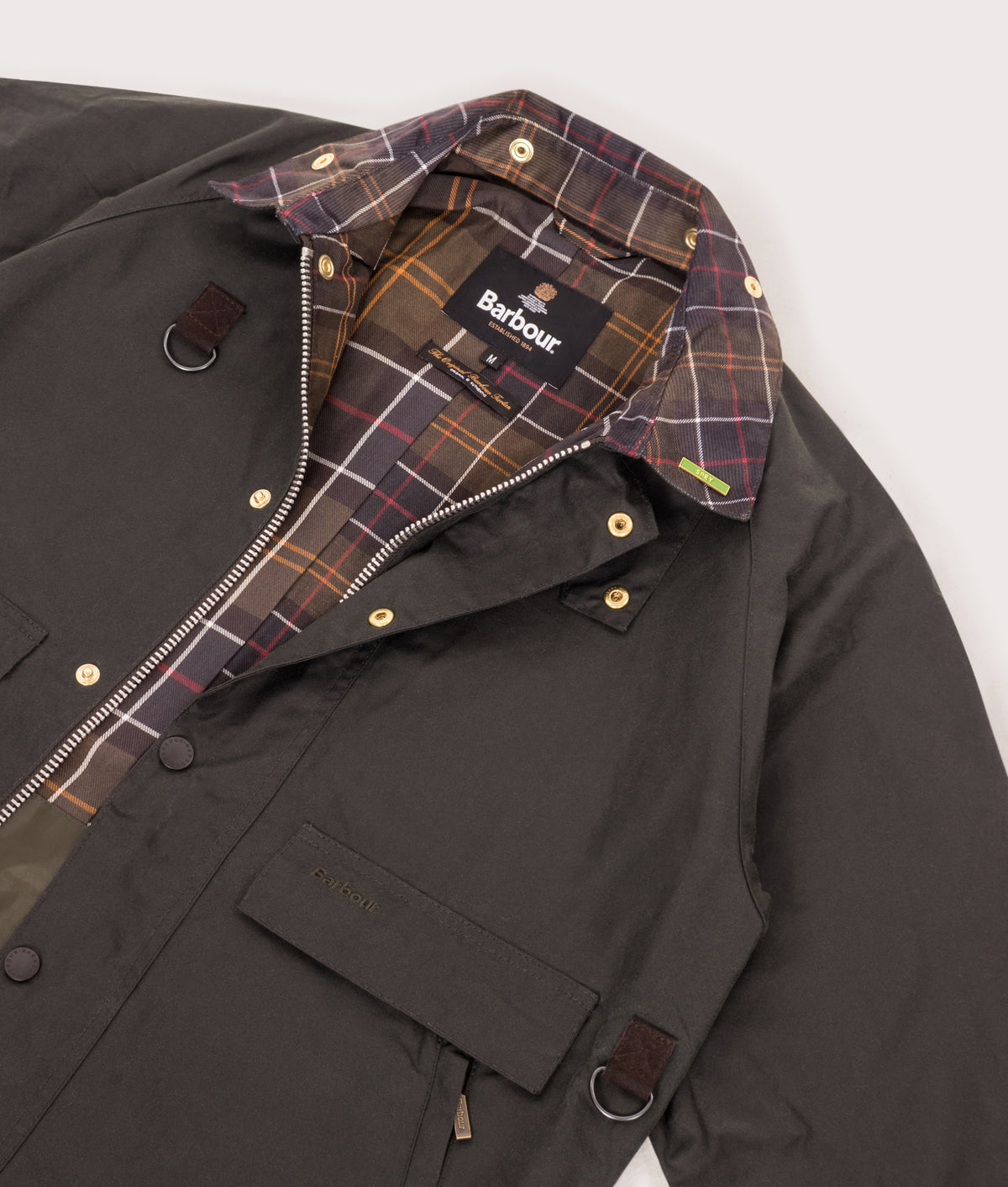Barbour Lifestyle Icons Spey Waxed Jacket  in Sage at EQVVS Menswear. Detail shot.