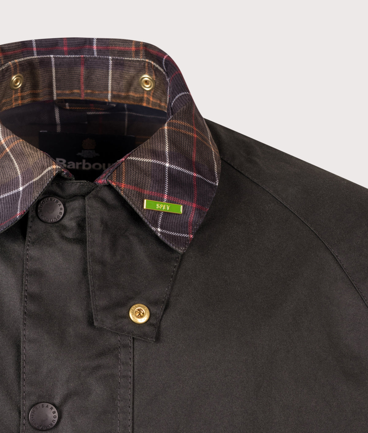Barbour Lifestyle Icons Spey Waxed Jacket  in Sage at EQVVS Menswear. Detail shot.
