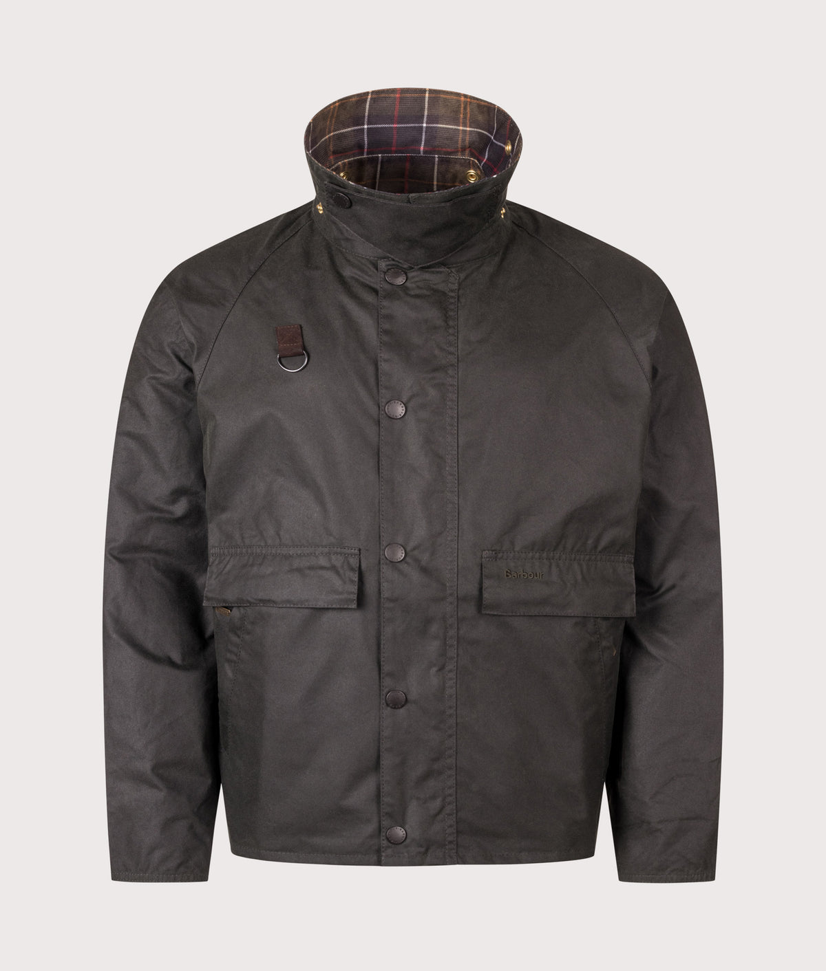 Barbour Lifestyle Icons Spey Waxed Jacket  in Sage at EQVVS Menswear. Collar up shot.