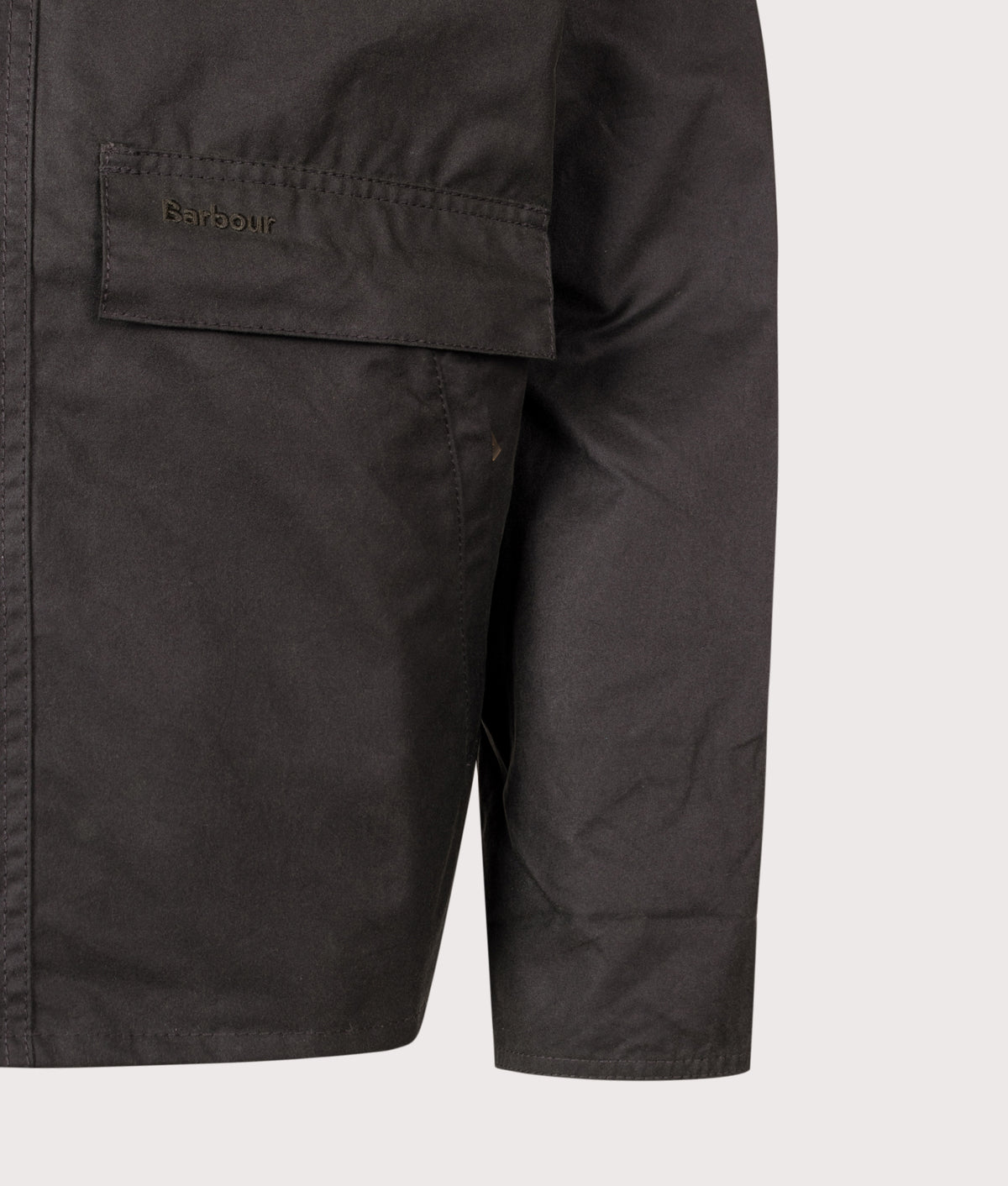Barbour Lifestyle Icons Spey Waxed Jacket  in Sage at EQVVS Menswear. Detail shot.