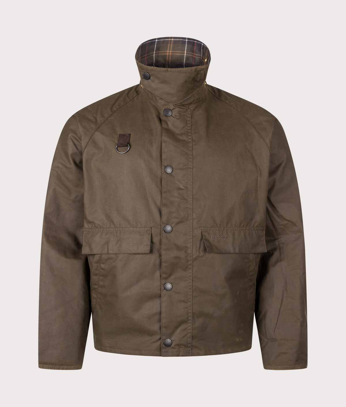 Barbour Lifestyle Icons Spey Waxed Jacket  in Beech at EQVVS Menswear. Collar up shot.