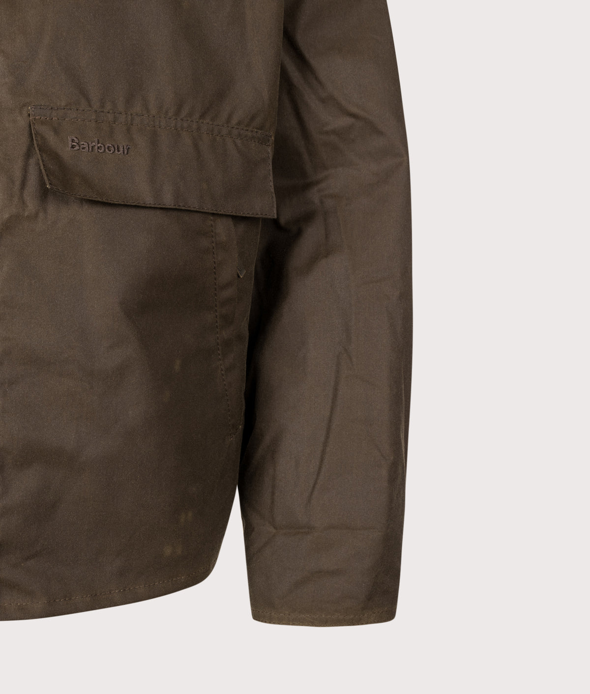 Barbour Lifestyle Icons Spey Waxed Jacket  in Beech at EQVVS Menswear. Detail shot.