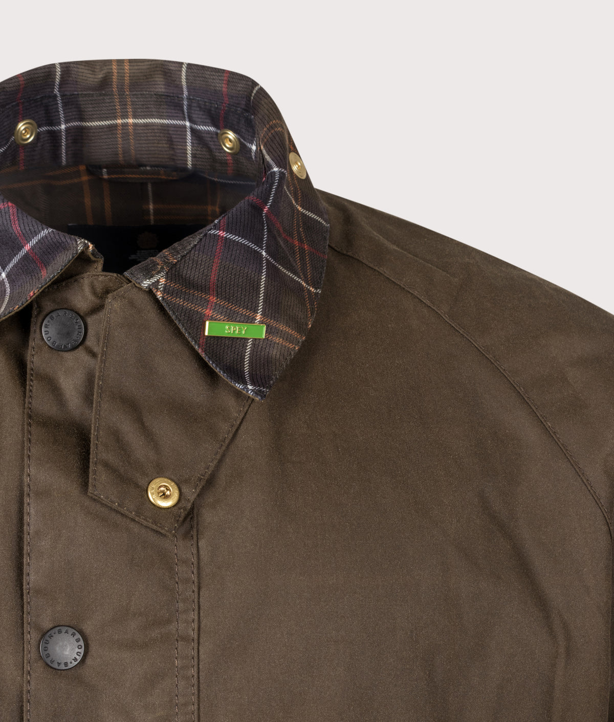 Barbour Lifestyle Icons Spey Waxed Jacket  in Beech at EQVVS Menswear. Detail shot.