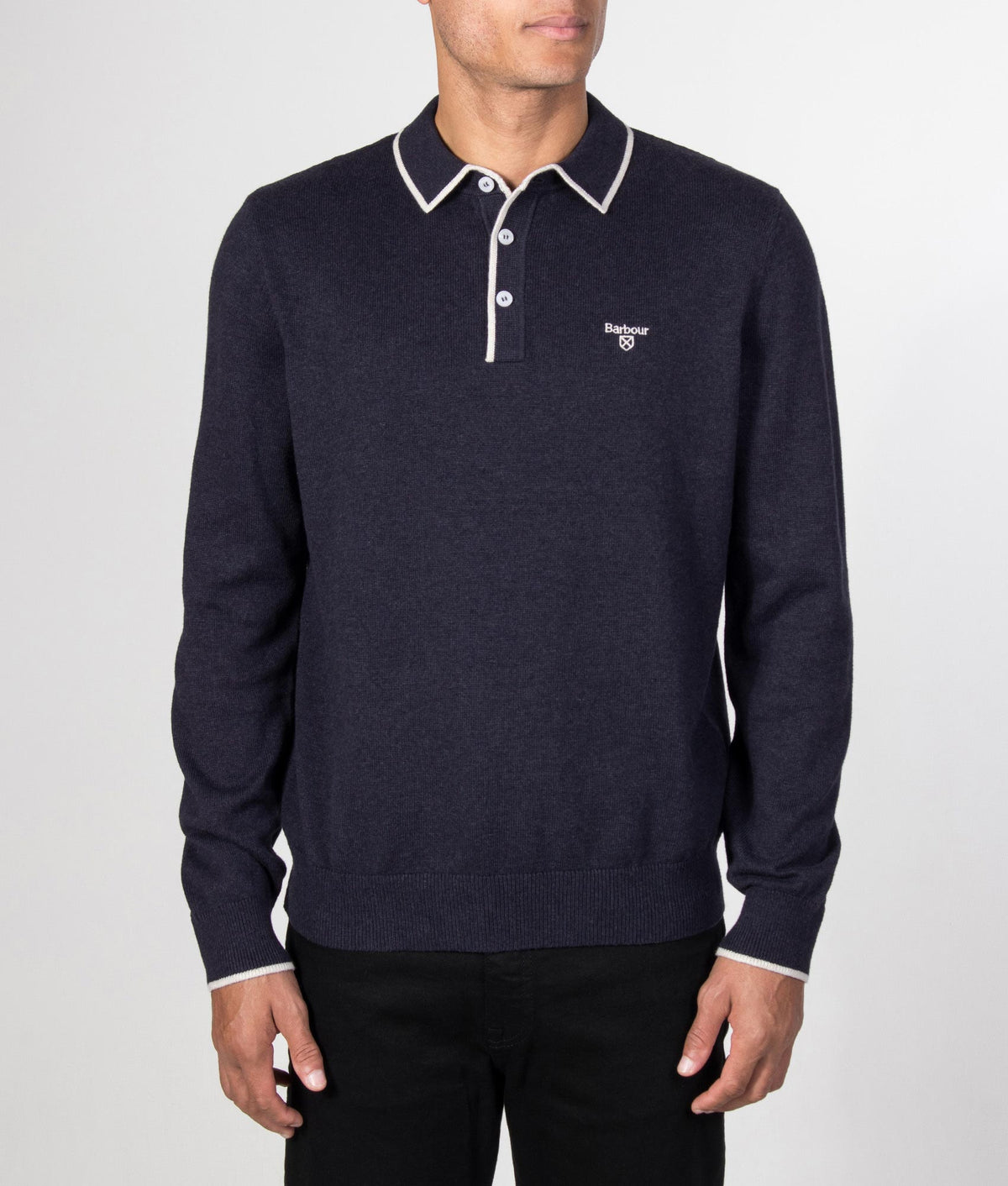 Barbour Lifestyle Regular Fit Taunton Knitted Long Sleeve Polo Shirt in Navy at EQVVS Menswear. Front model shot.