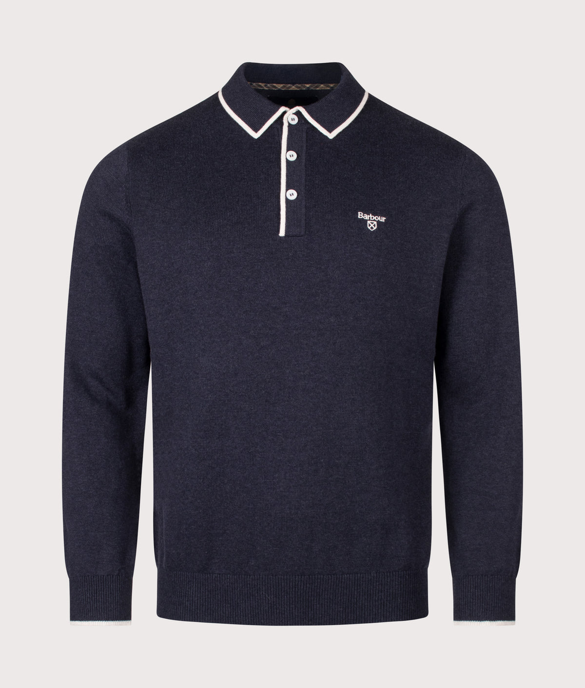 Barbour Lifestyle Regular Fit Taunton Knitted Long Sleeve Polo Shirt in Navy at EQVVS Menswear. Front shot.