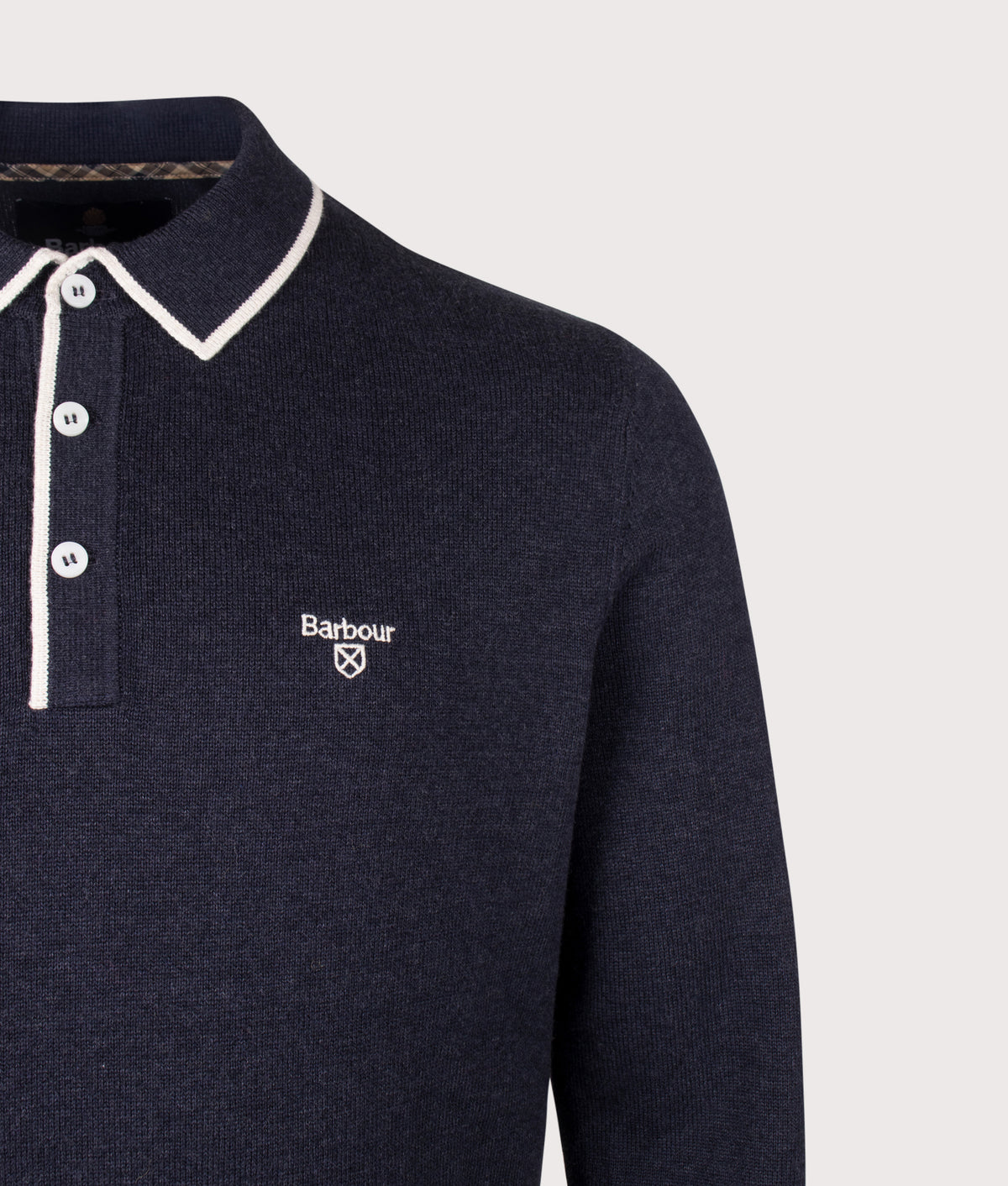 Barbour Lifestyle Regular Fit Taunton Knitted Long Sleeve Polo Shirt in Navy at EQVVS Menswear.  Detail shot.