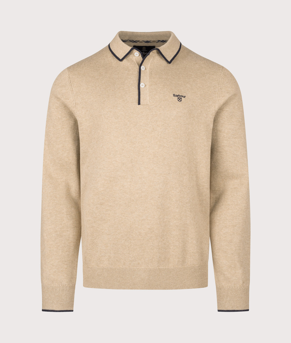 Barbour Lifestyle Regular Fit Taunton Knitted Long Sleeve Polo Shirt in Stone at EQVVS Menswear. Front shot.