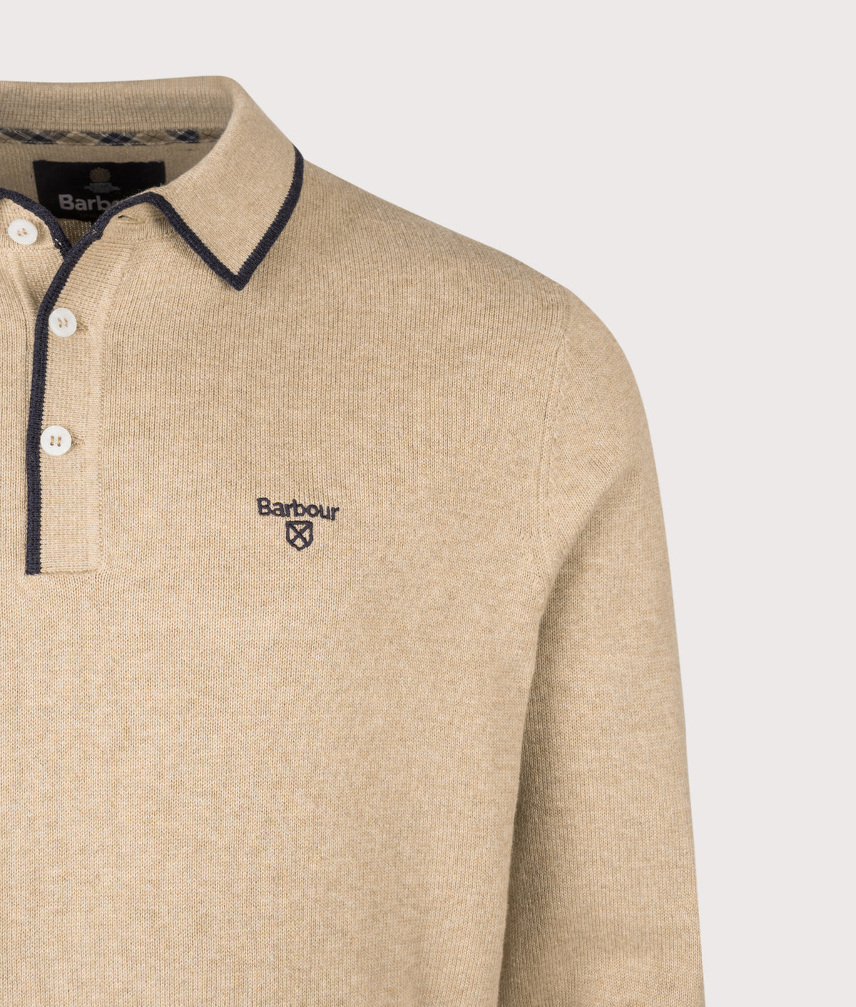 Barbour Lifestyle Regular Fit Taunton Knitted Long Sleeve Polo Shirt in Stone at EQVVS Menswear. Detail shot.