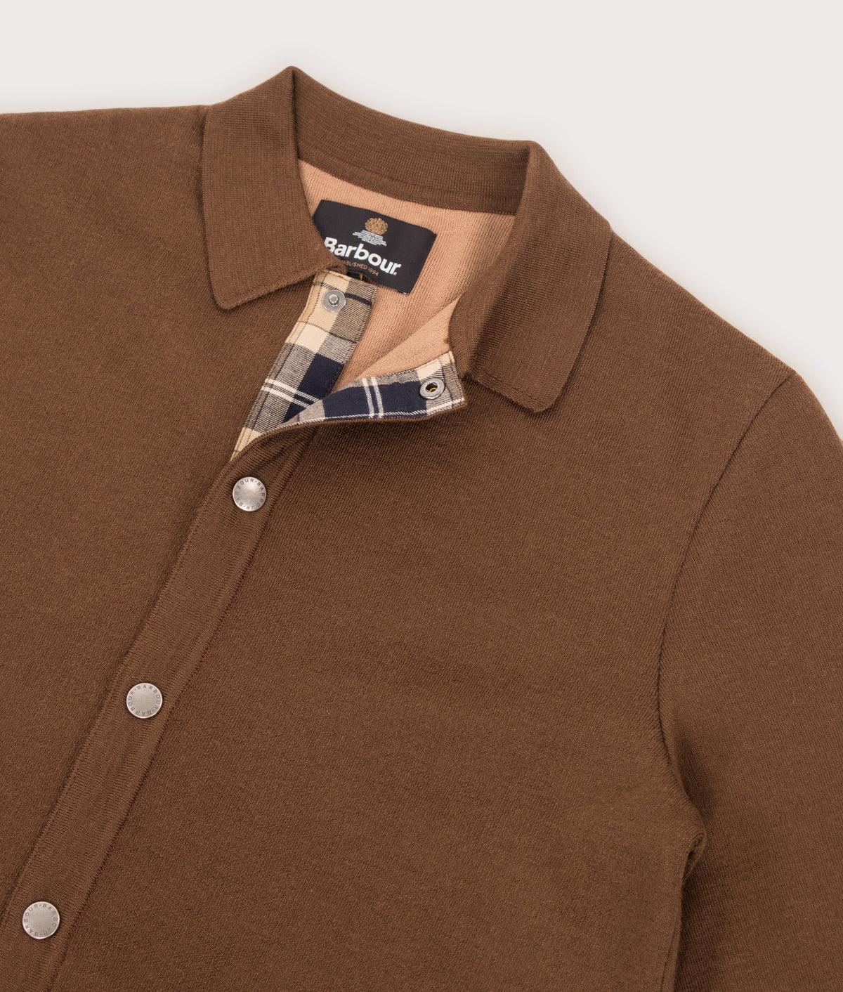 Barbour Lifestyle Florcombe Knitted Cardigan in Dark Sand at EQVVS Menswear. Detail shot.