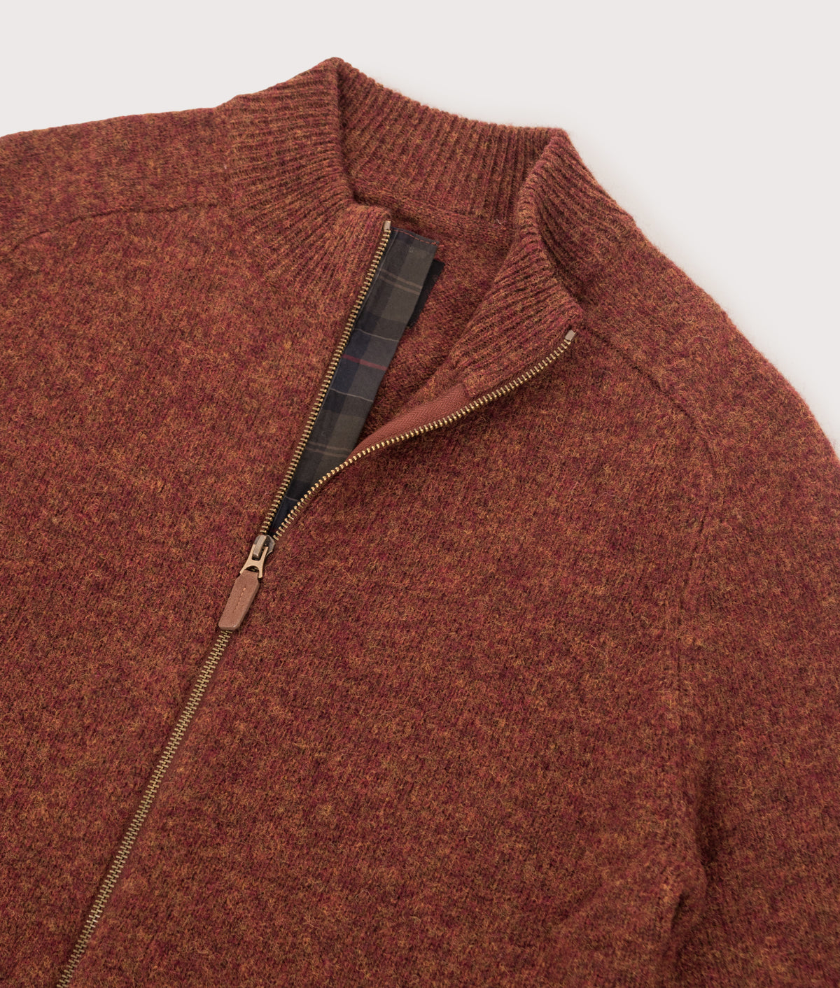 Barbour Lifestyle Regular Fit Talder Zip Through Jumper in Russet at EQVVS Menswear. Detail shot.