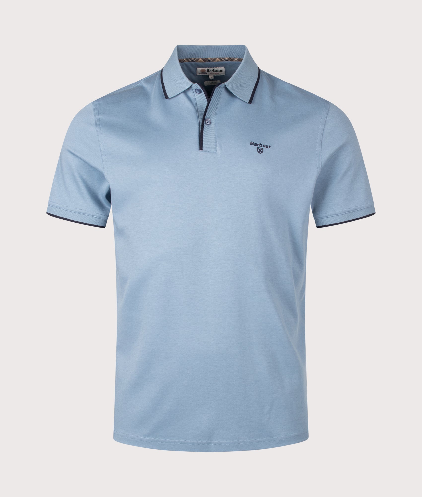 Barbour Lifestyle Callock Tailored Polo Shirt in Tarn Blue at EQVVS Menswear. Front shot.