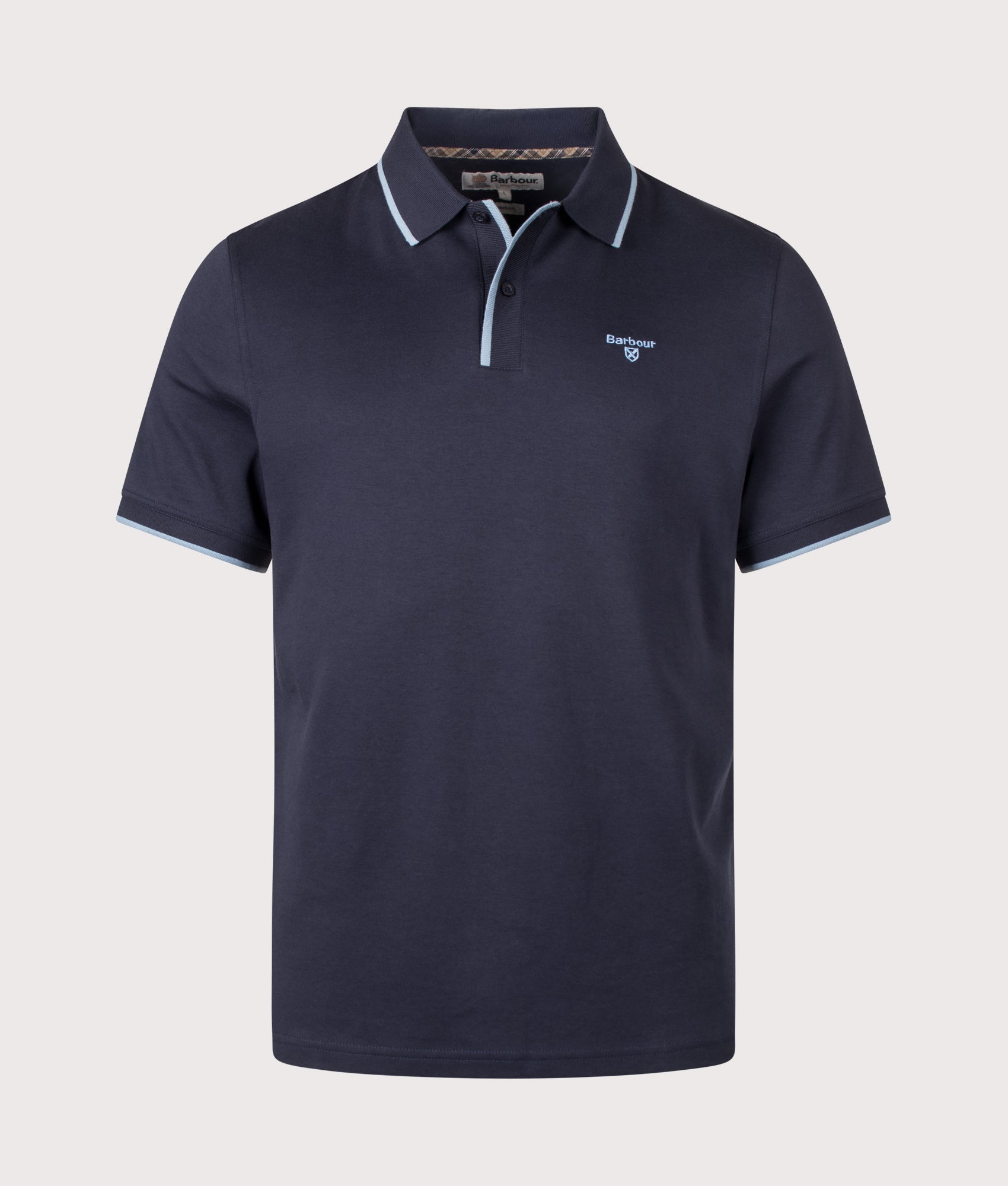 Barbour Lifestyle Callock Tailored Polo Shirt in Navy at EQVVS Menswear. Front shot.
