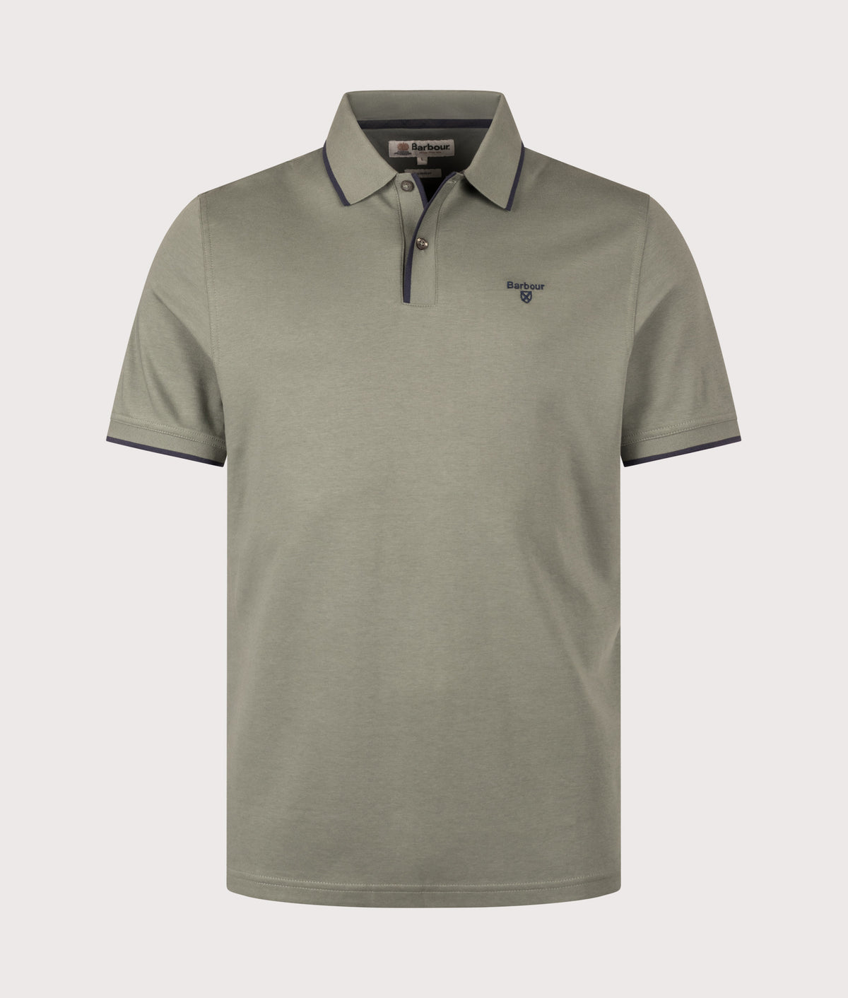 Barbour Lifestyle Callock Tailored Polo Shirt in Agave Green at EQVVS Menswear. Front shot.
