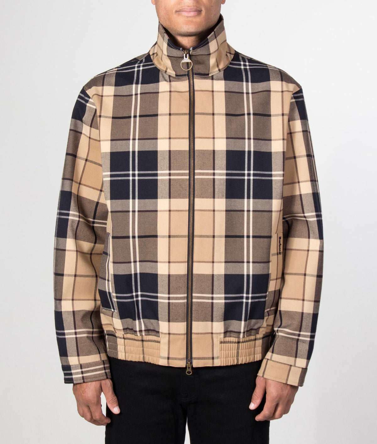 Barbour Lifestyle Tartan Showerproof Blouson Jacket in Birchwood Dress Tartan at EQVVS Menswear. Front model shot.