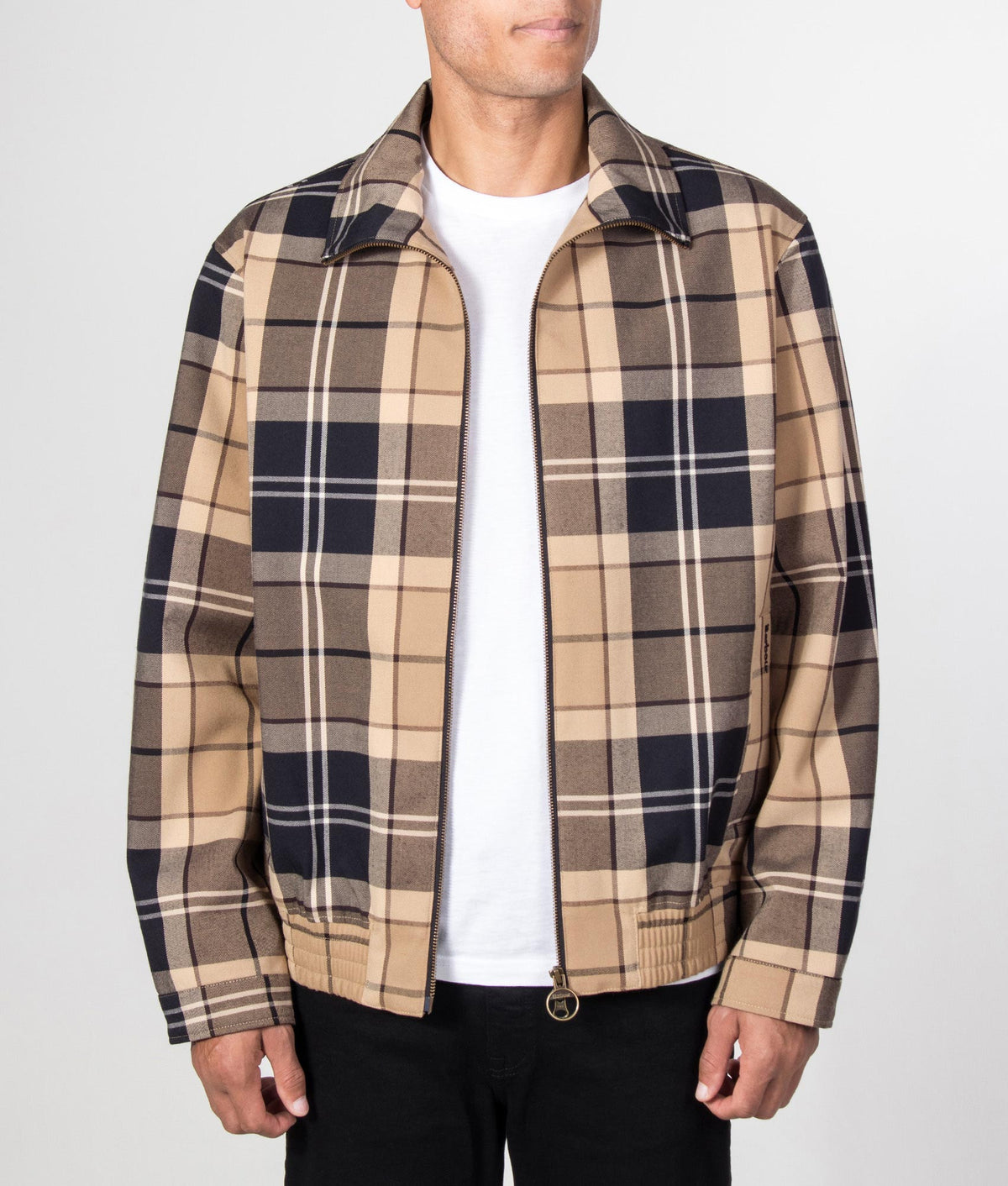 Barbour Lifestyle Tartan Showerproof Blouson Jacket in Birchwood Dress Tartan at EQVVS Menswear. Front model open shot.