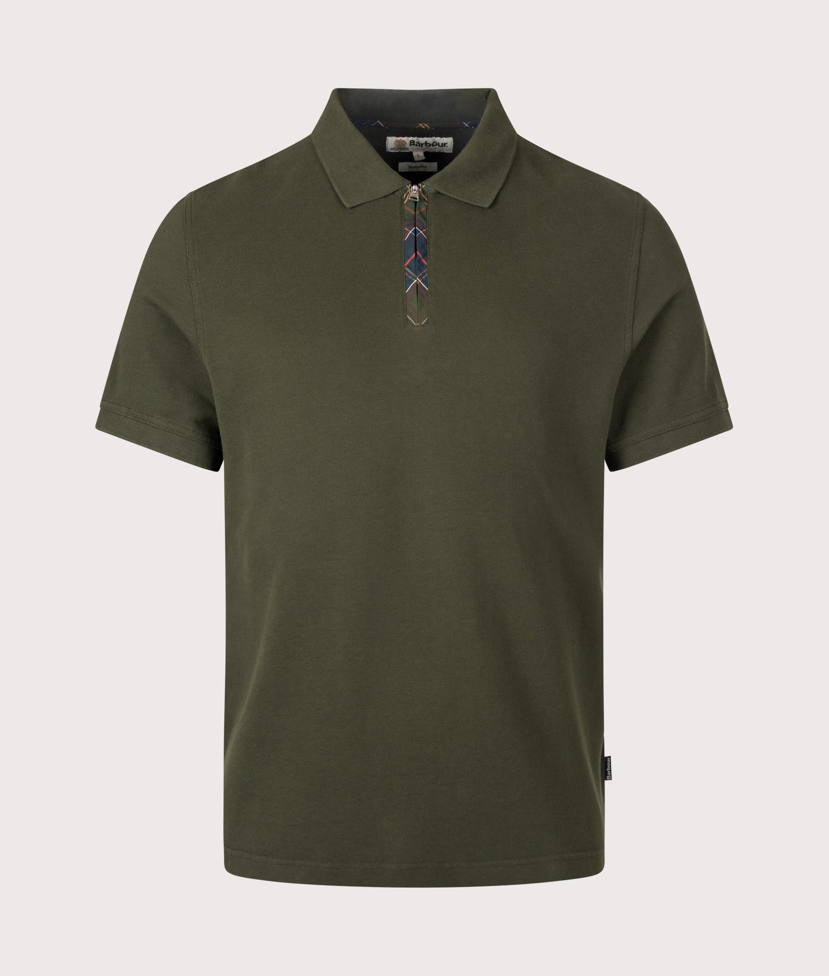 Barbour Lifestyle Tailored Fit Stately Quarter Zip Polo Shirt in Sage at EQVVS Menswear. Front shot.