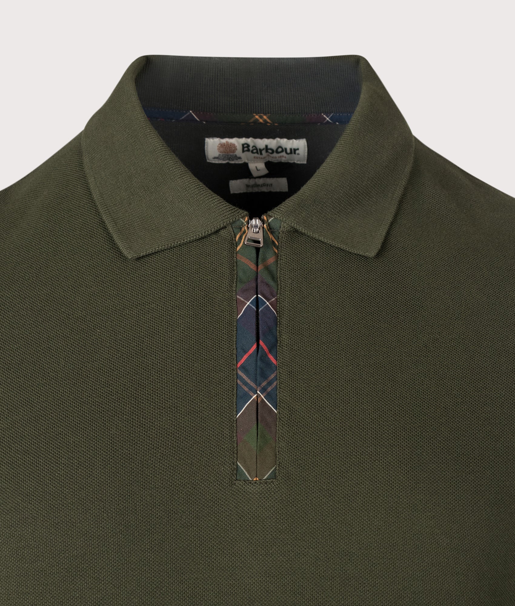 Barbour Lifestyle Tailored Fit Stately Quarter Zip Polo Shirt in Sage at EQVVS Menswear. Detail shot.