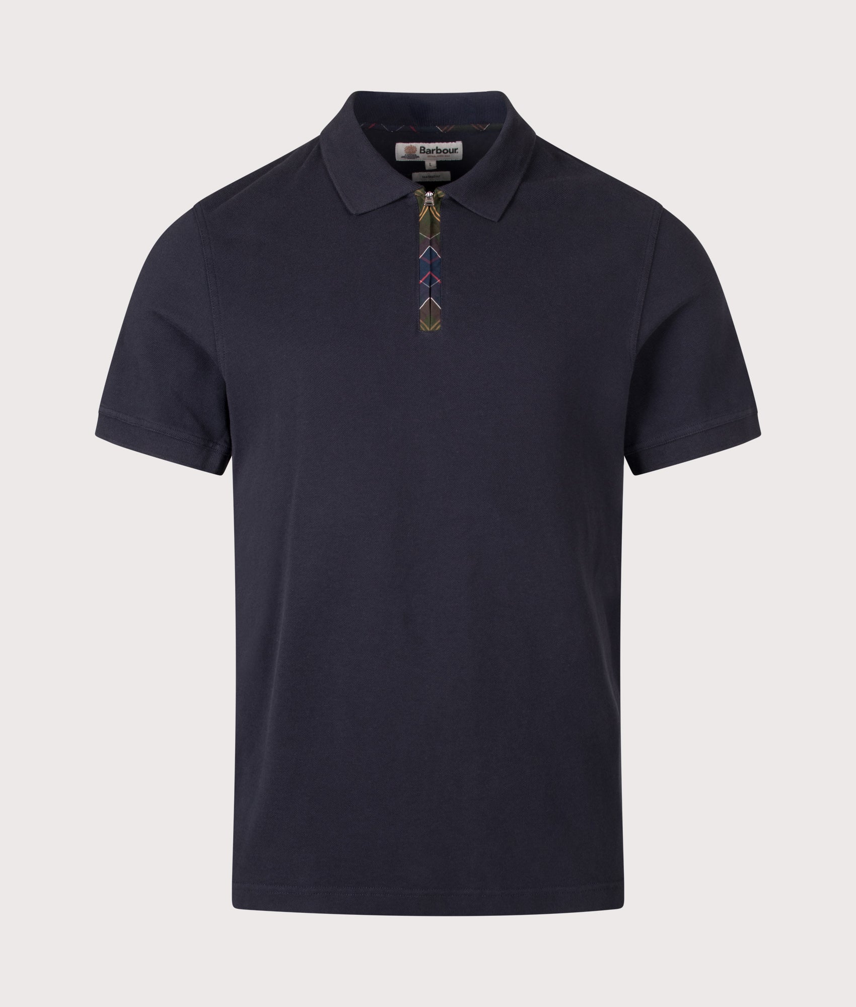 Barbour Lifestyle Tailored Fit Stately Quarter Zip Polo Shirt in Navy at EQVVS Menswear. Front shot.