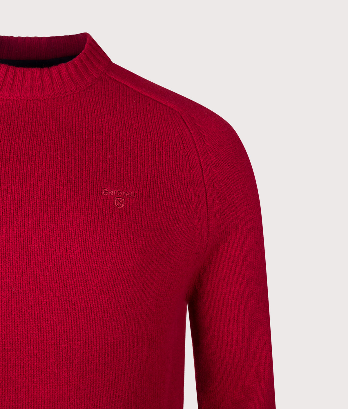 Barbour Lifestyle Newtown Crewneck Jumper in Biking Red at EQVVS Menswear. Detail shot.