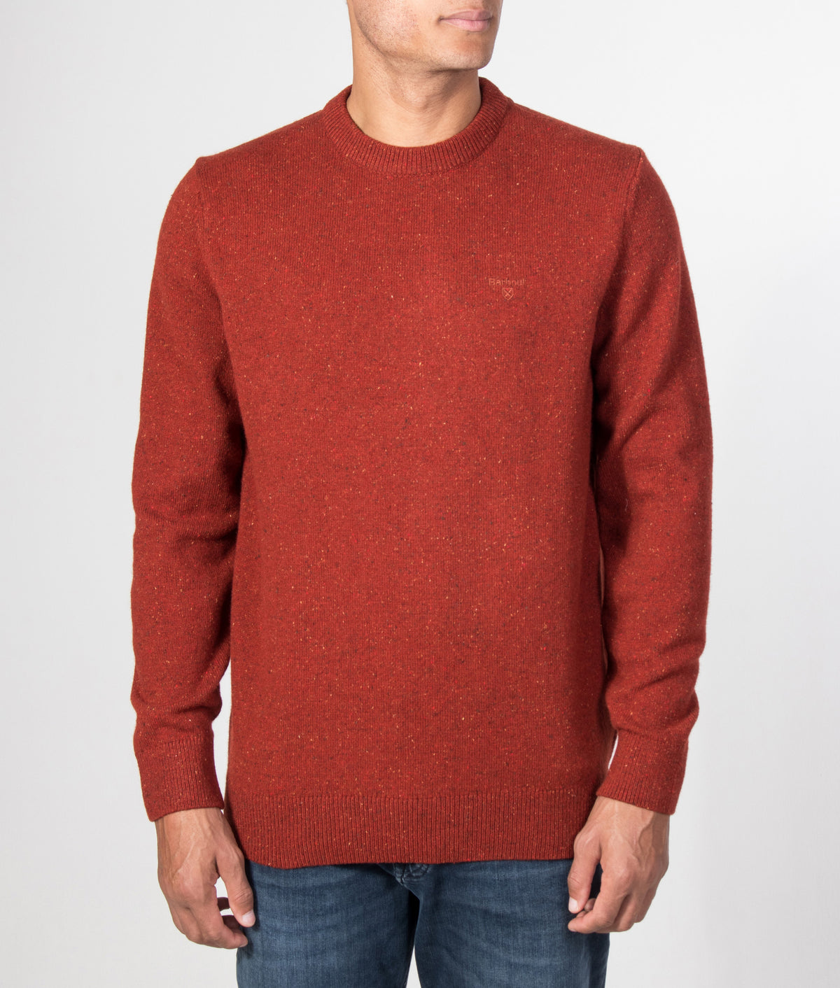 Barbour Lifestyle Regular Fit Tisbury Jumper in Russet at EQVVS Menswear. Front model shot.