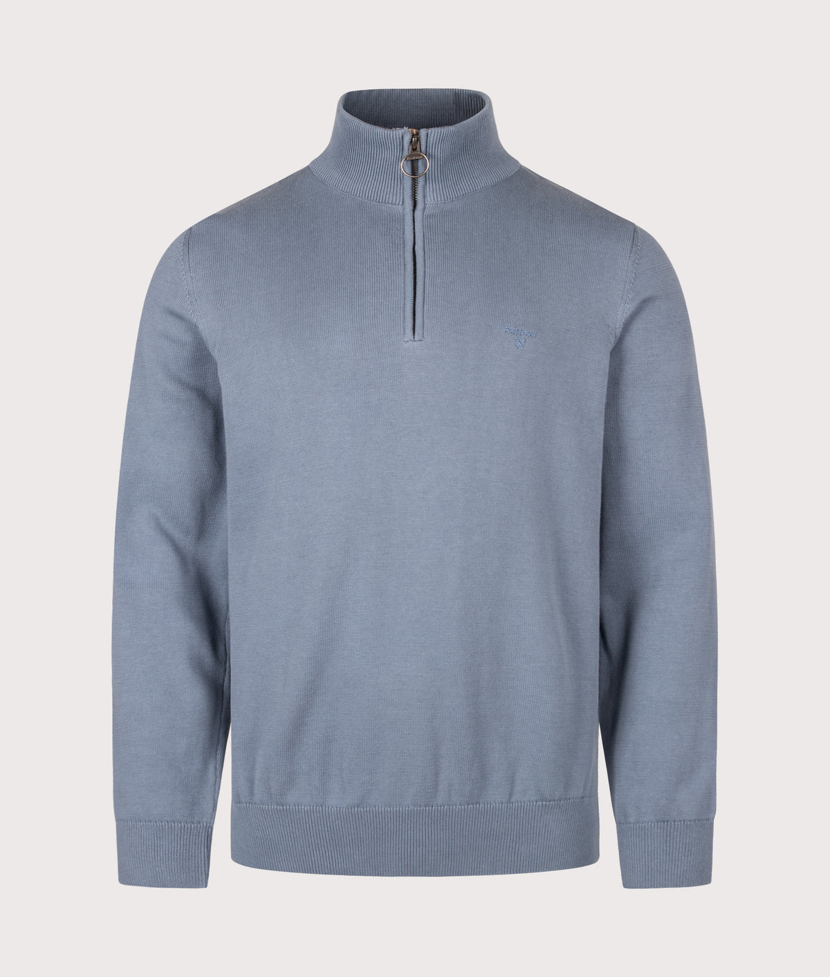 Barbour Lifestyle Regular Fit Quarter Zip Cotton Knitted Jumper in Tarn Blue at EQVVS Menswear. Front shot.