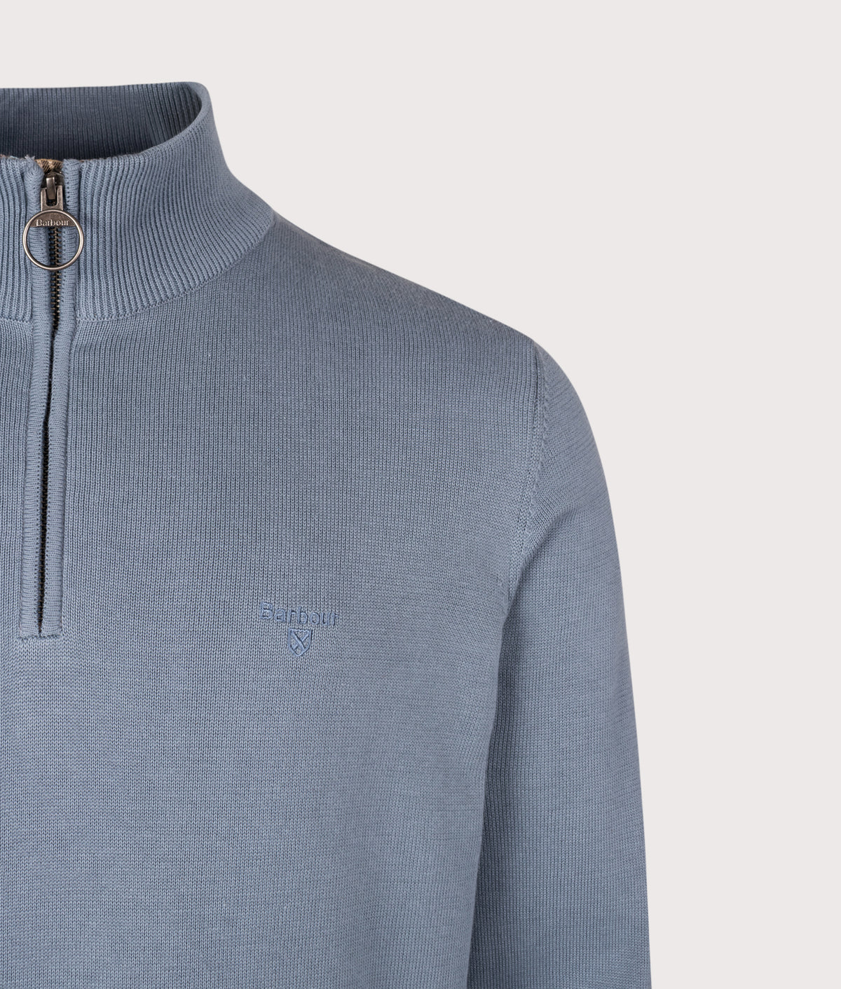 Barbour Lifestyle Regular Fit Quarter Zip Cotton Knitted Jumper in Tarn Blue at EQVVS Menswear. Detail shot.