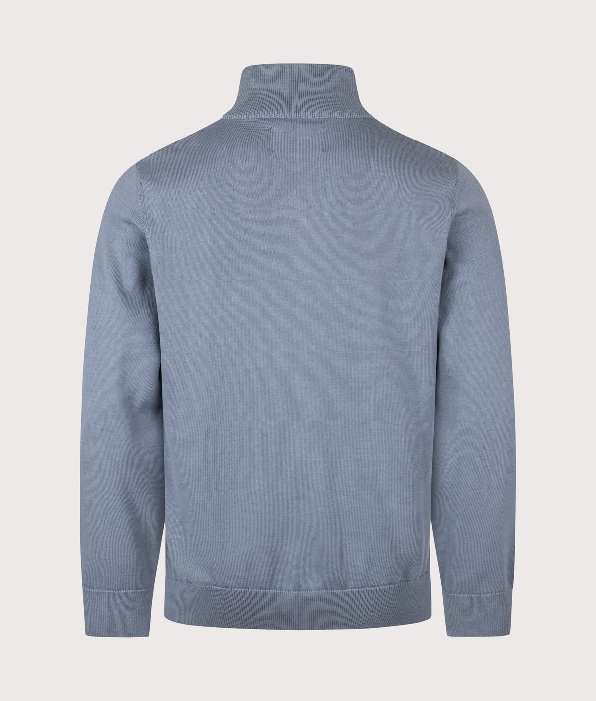 Barbour Lifestyle Regular Fit Quarter Zip Cotton Knitted Jumper in Tarn Blue at EQVVS Menswear. Back shot.