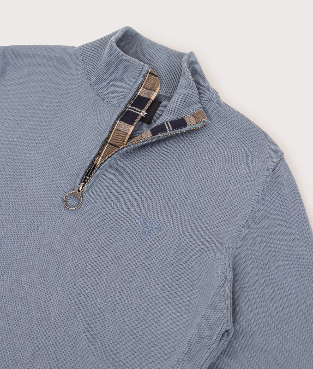 Barbour Lifestyle Regular Fit Quarter Zip Cotton Knitted Jumper in Tarn Blue at EQVVS Menswear. Detail shot.