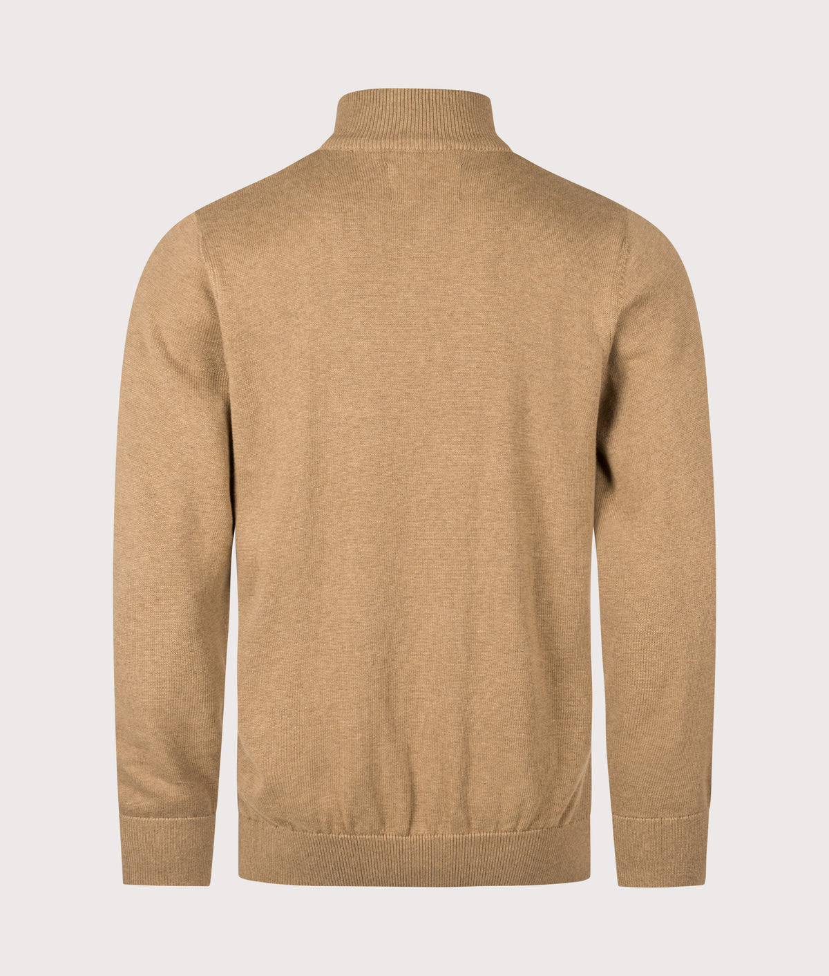Barbour Lifestyle Regular Fit Quarter Zip Cotton Knitted Jumper in Sandstone at EQVVS Menswear. Back shot.