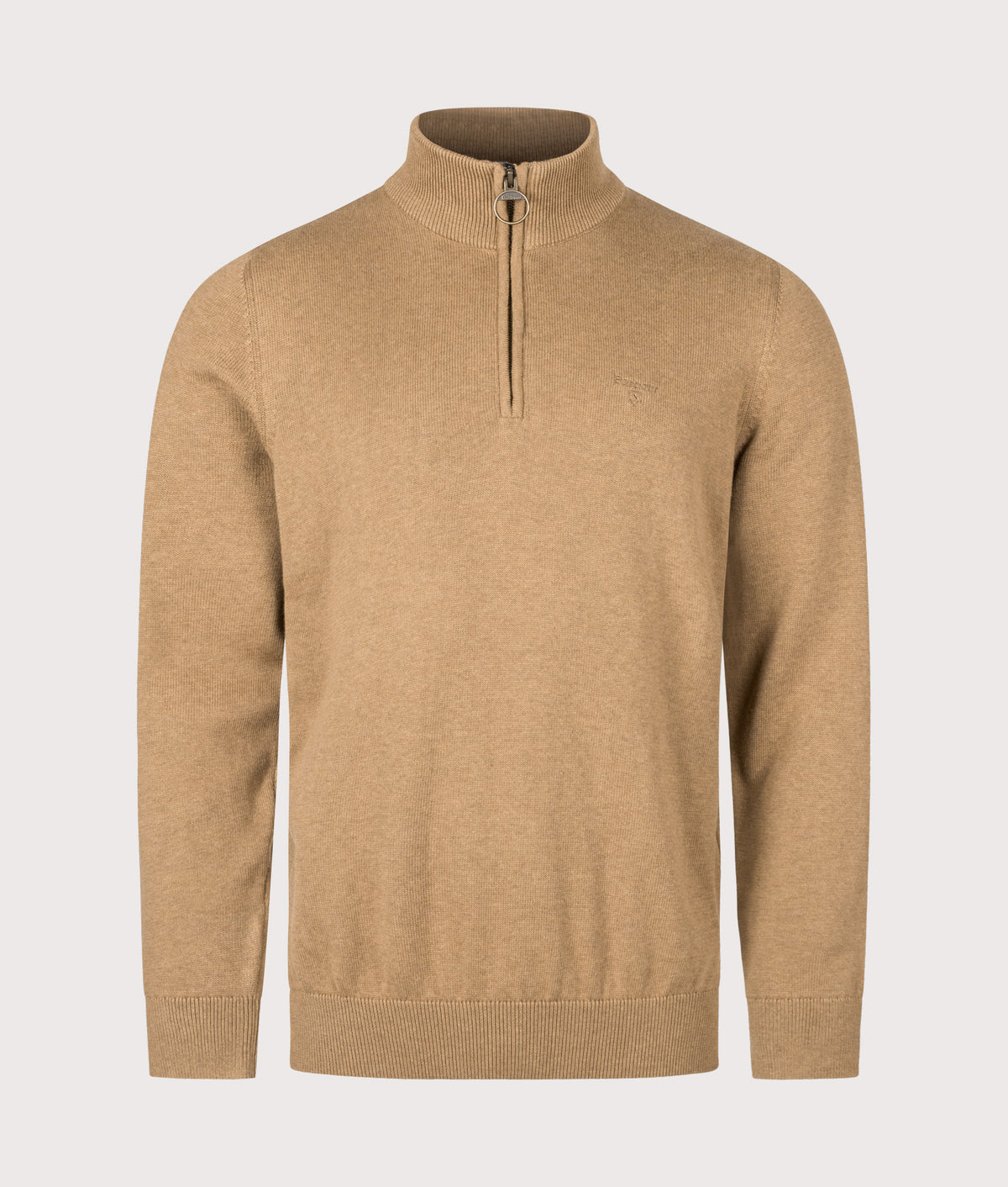Barbour Lifestyle Regular Fit Quarter Zip Cotton Knitted Jumper in Sandstone at EQVVS Menswear. Front shot.